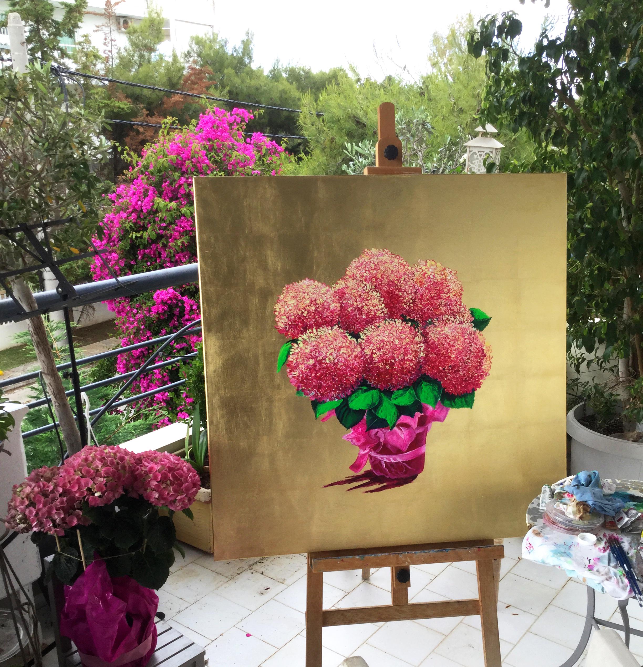 „“Das Geschenk“, Gemälde aus rosa und Blattgold mit blühenden, leuchtenden Blumen, floral im Angebot 1