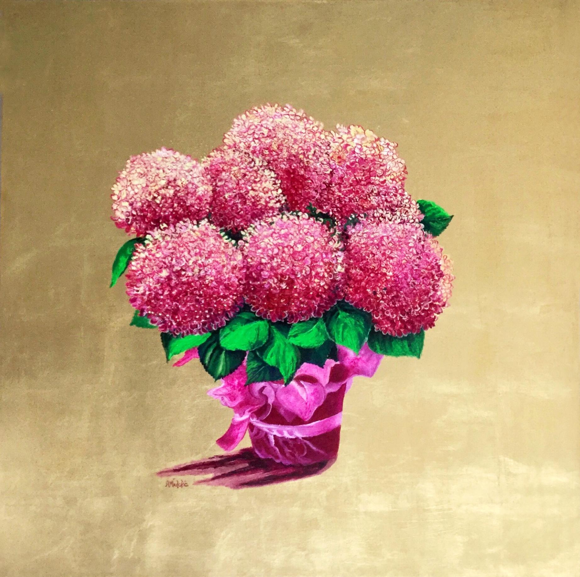 "The Gift", Pink and gold leaf painting with blossoming bright flowers, floral