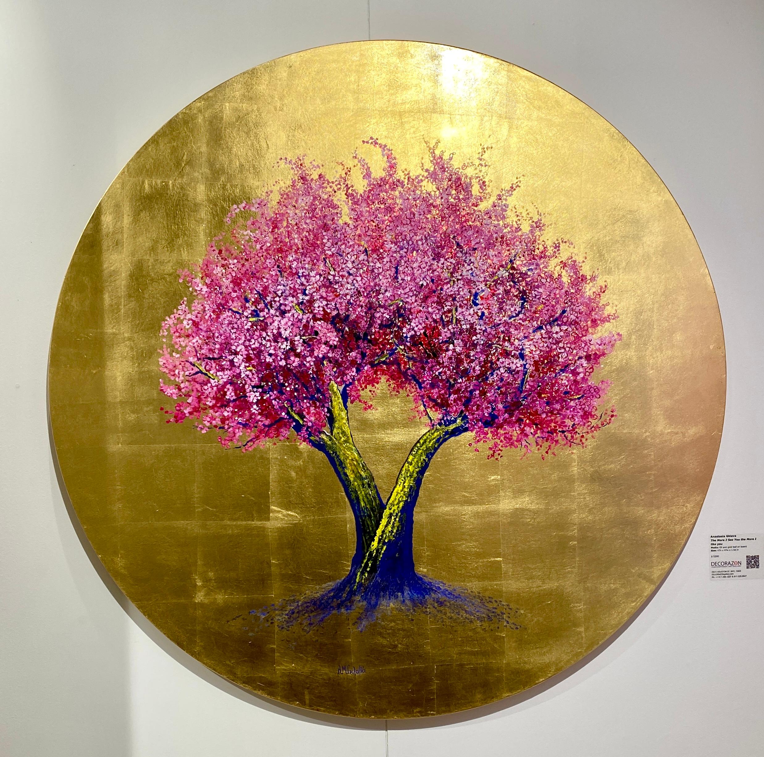 The More I See You the More I See You the More I Like You, rundes Gemälde in Öl und Gold, rosa Blumen im Angebot 6