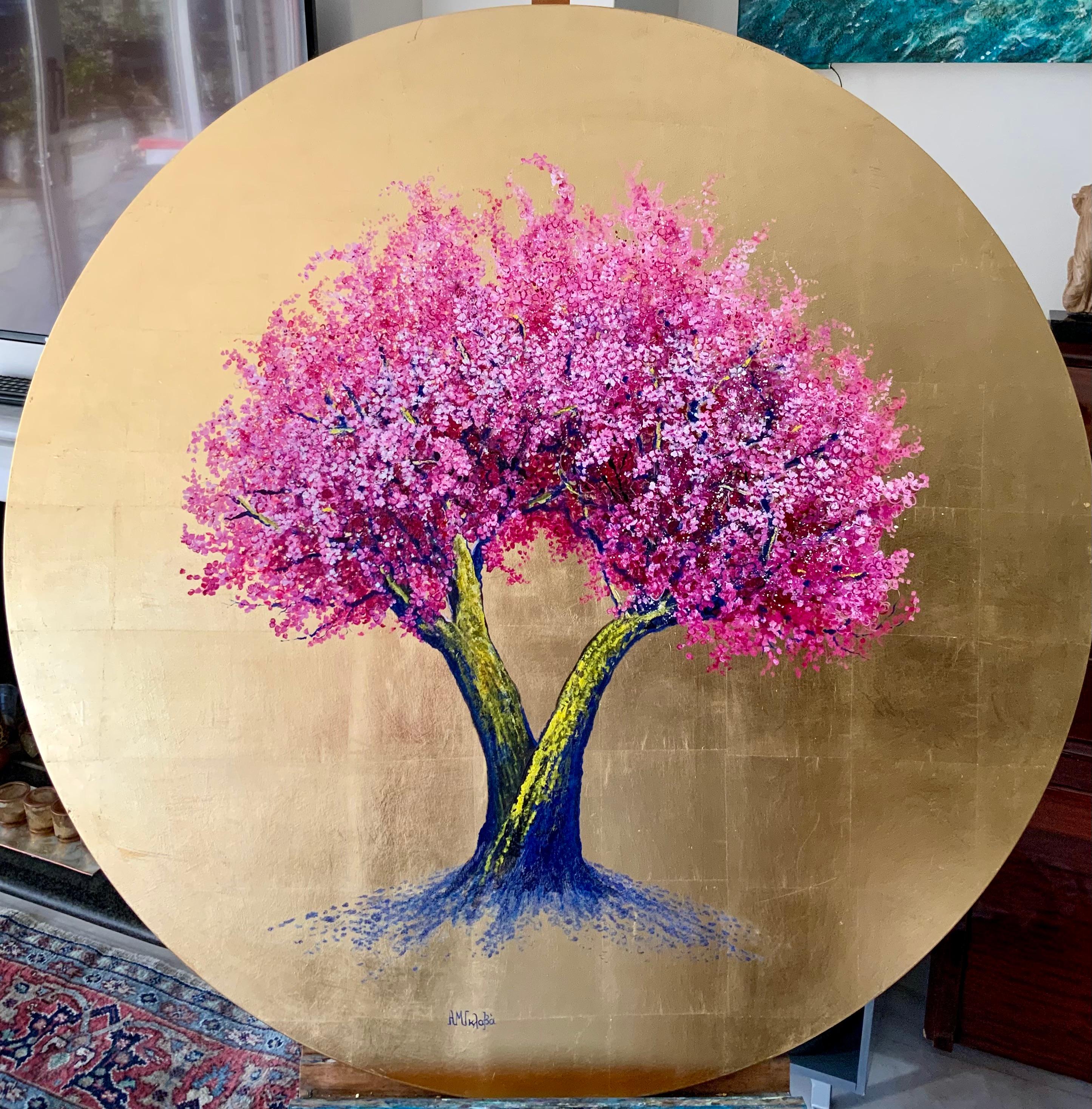 The More I See You the More I Like You, Round oil & gold painting, pink flowers - Gold Landscape Painting by Anastasia Gklava