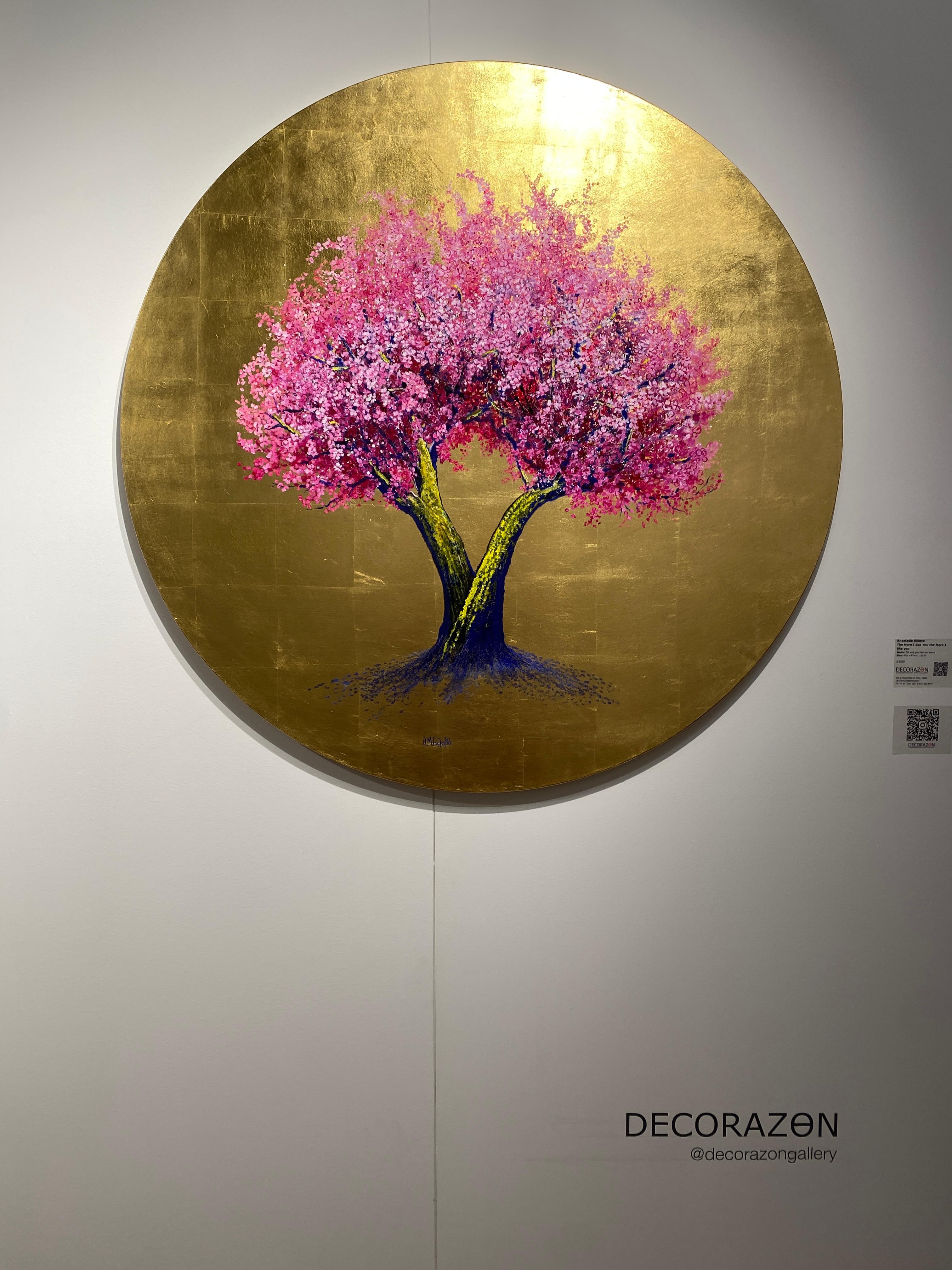 The More I See You the More I See You the More I Like You, rundes Gemälde in Öl und Gold, rosa Blumen im Angebot 4