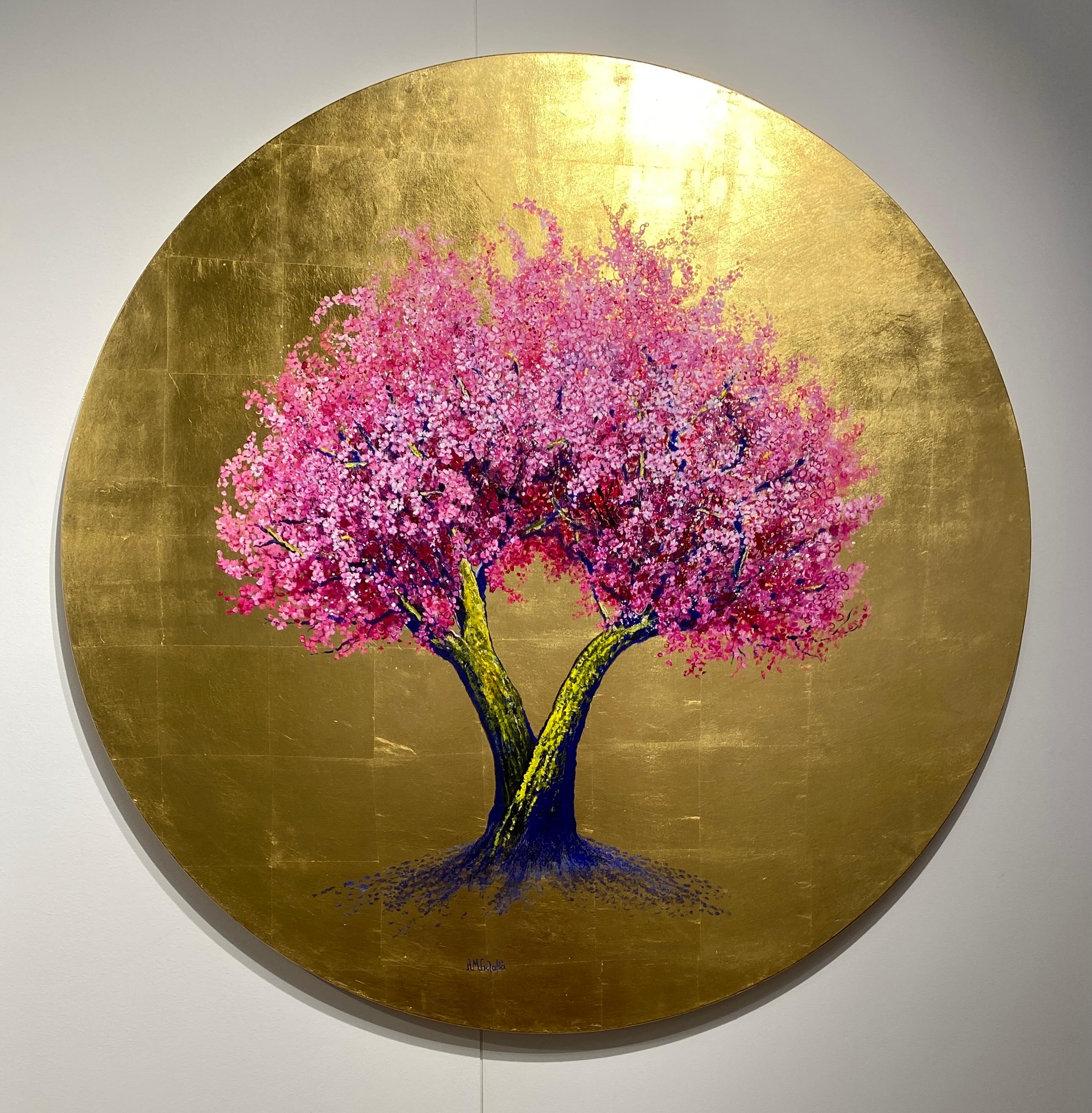 Più ti vedo e più mi piaci, quadro rotondo ad olio e oro, fiori rosa