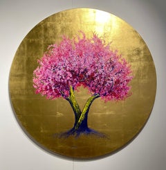 Più ti vedo e più mi piaci, quadro rotondo ad olio e oro, fiori rosa