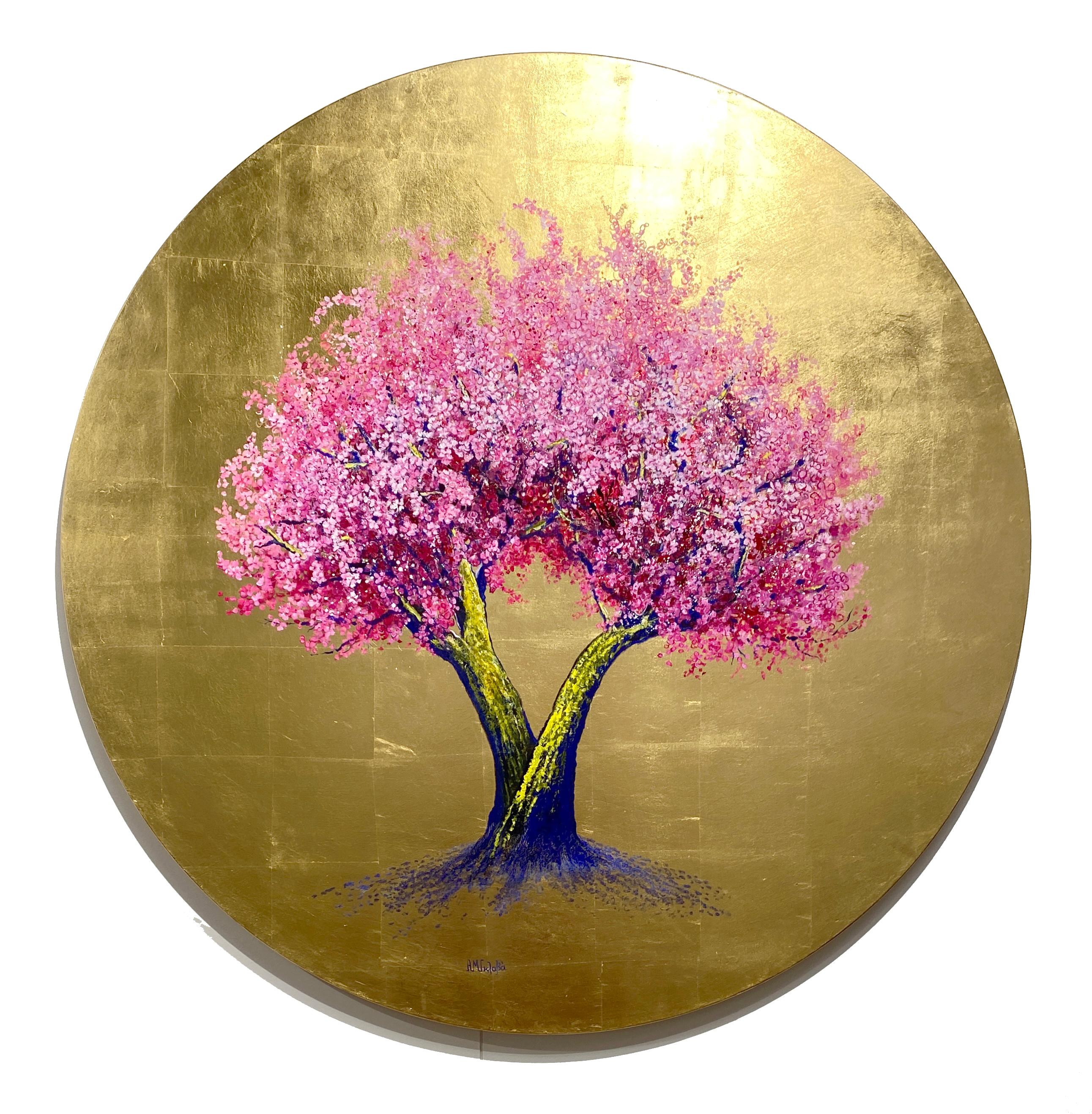 Cuanto más te veo, más me gustas, Cuadro redondo al óleo y dorado, flores rosas