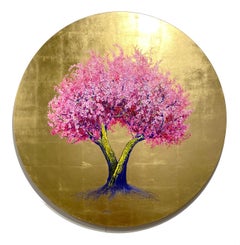 Cuanto más te veo, más me gustas, Cuadro redondo al óleo y dorado, flores rosas