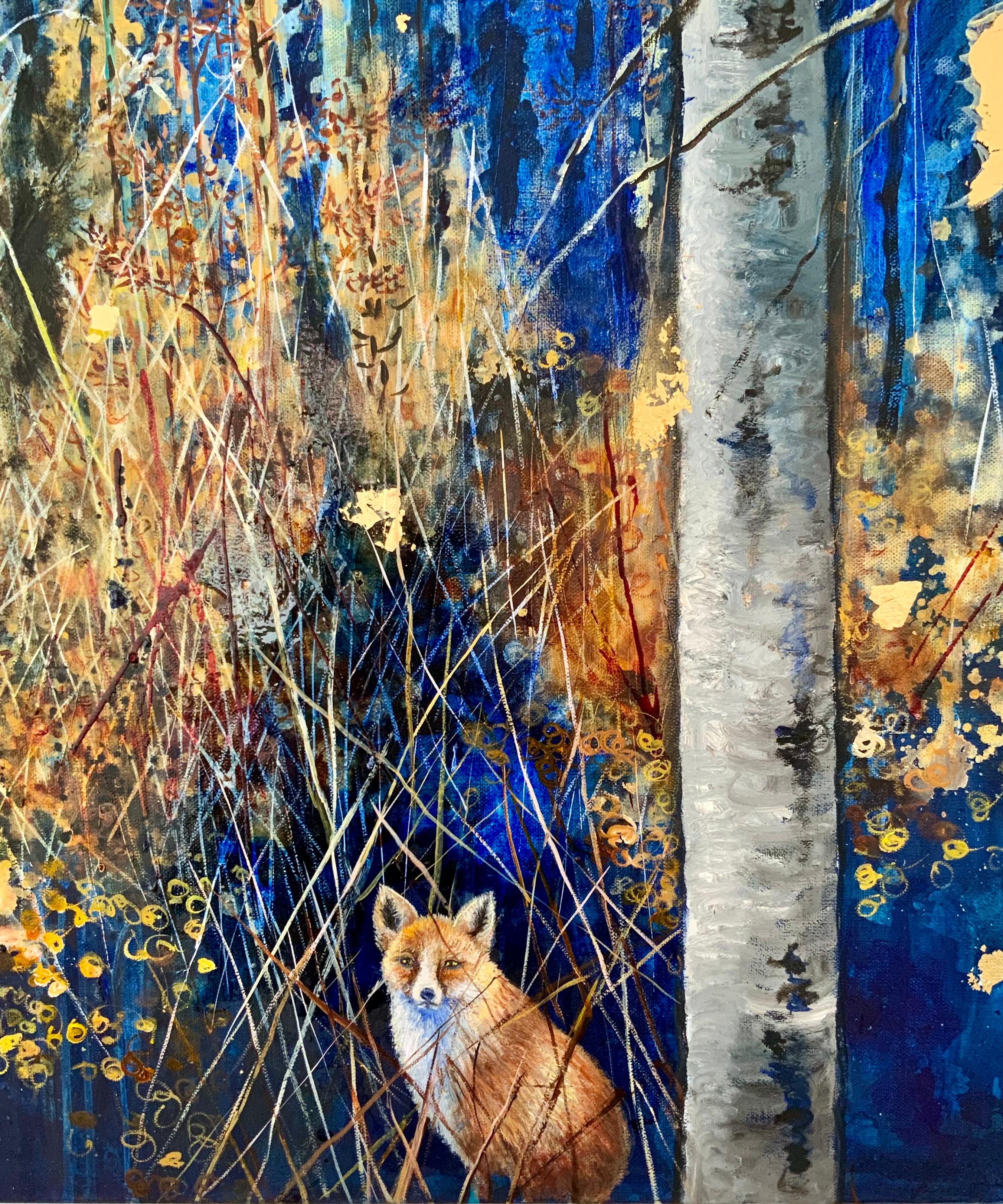 The Night Rambler, Navy blue forest scene, oil and gold leaf painting with fox - Painting by Anastasia Gklava