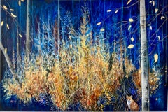 El caminante nocturno, Escena de bosque azul marino, pintura al óleo y pan de oro con zorro
