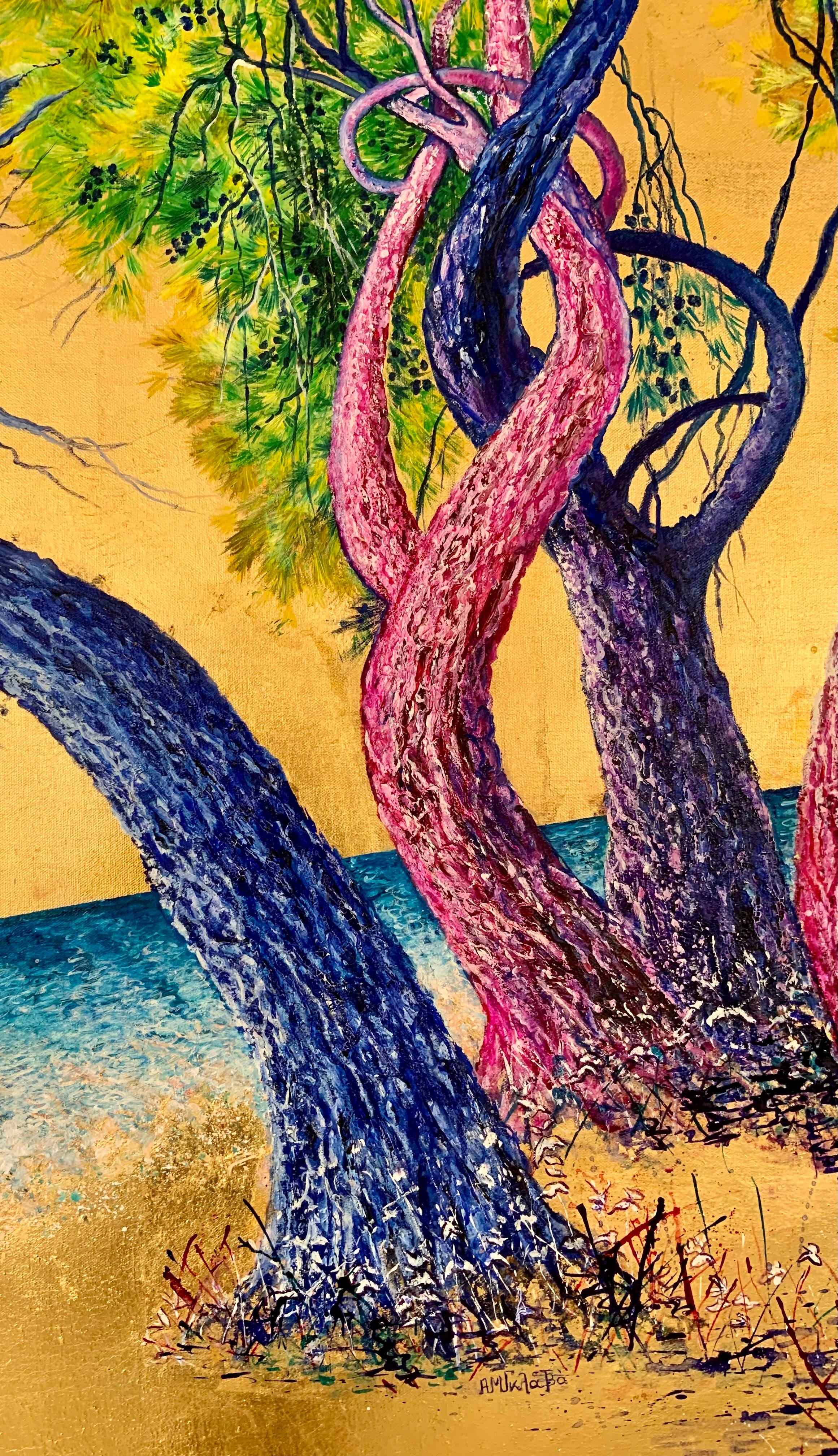 „The Waltz“, Öl- und Blattgoldgemälde, leuchtend farbenfrohe, surreale Bäume  – Painting von Anastasia Gklava