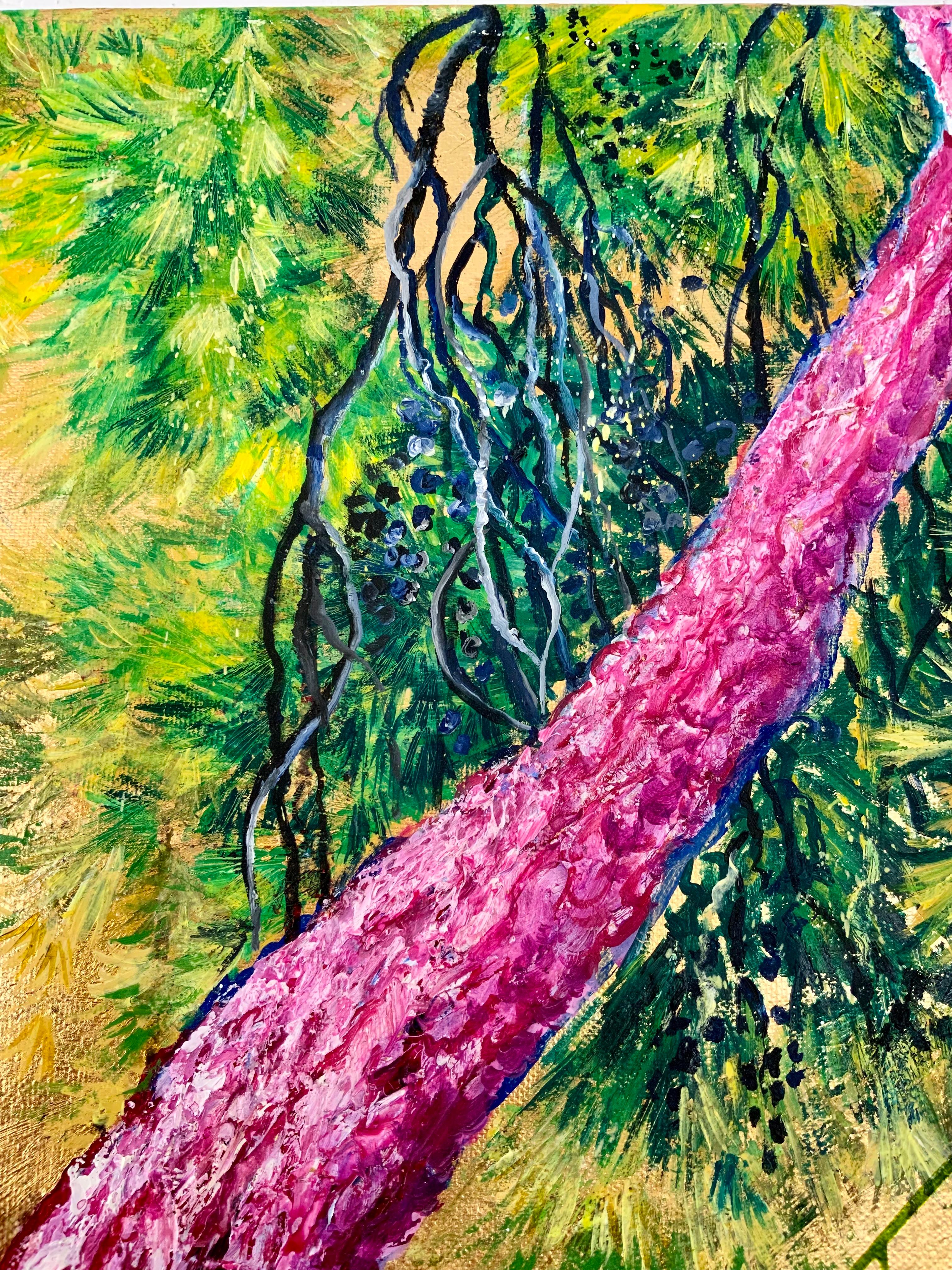 „The Waltz“, Öl- und Blattgoldgemälde, leuchtend farbenfrohe, surreale Bäume  (Zeitgenössisch), Painting, von Anastasia Gklava