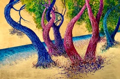 "The Waltz", peinture à l'huile et à la feuille d'or, arbres surréalistes aux couleurs vibrantes. 
