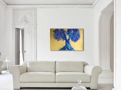 Unbounded Beauty, Large gold painting with strong olive tree, blue palette