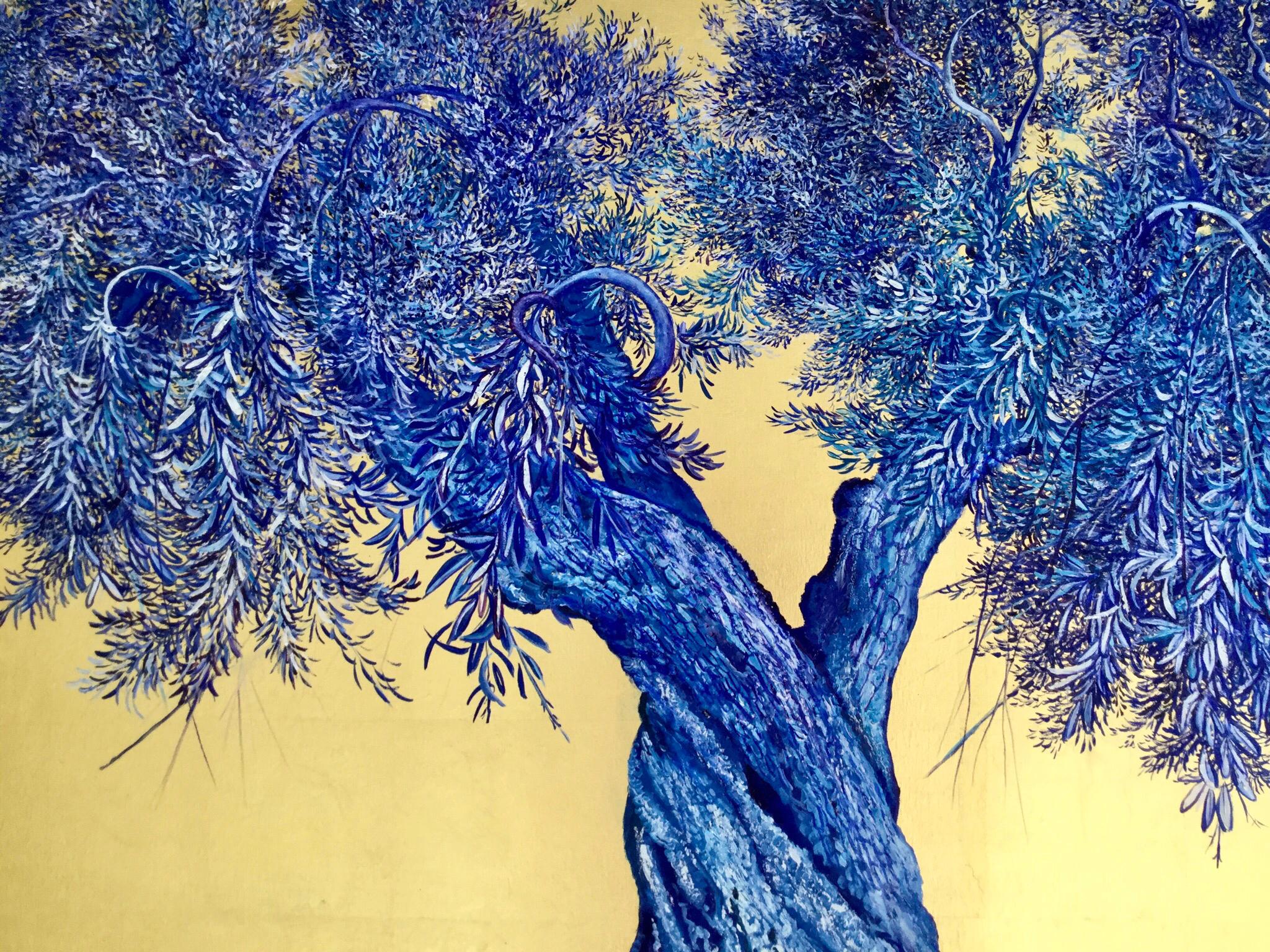 Unbounded Beauty, Large gold painting with strong olive tree, blue palette - Contemporary Painting by Anastasia Gklava