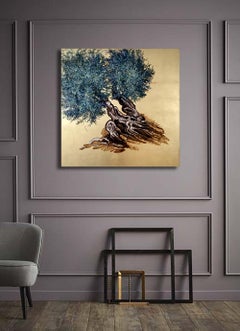 "Untamed", Elegant oil and gold leaf painting, olive tree, landscape, nature