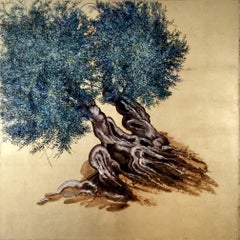 "Untamed", Elegant oil and gold leaf painting, olive tree, landscape, nature