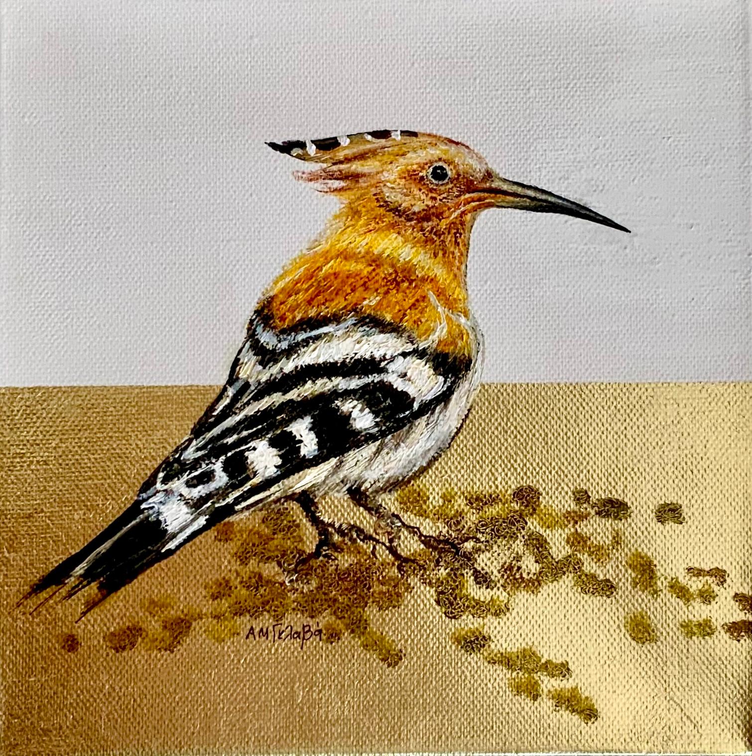 Upupa Tropical Bird - realist and minimalist animal painting, oil and gold leaf