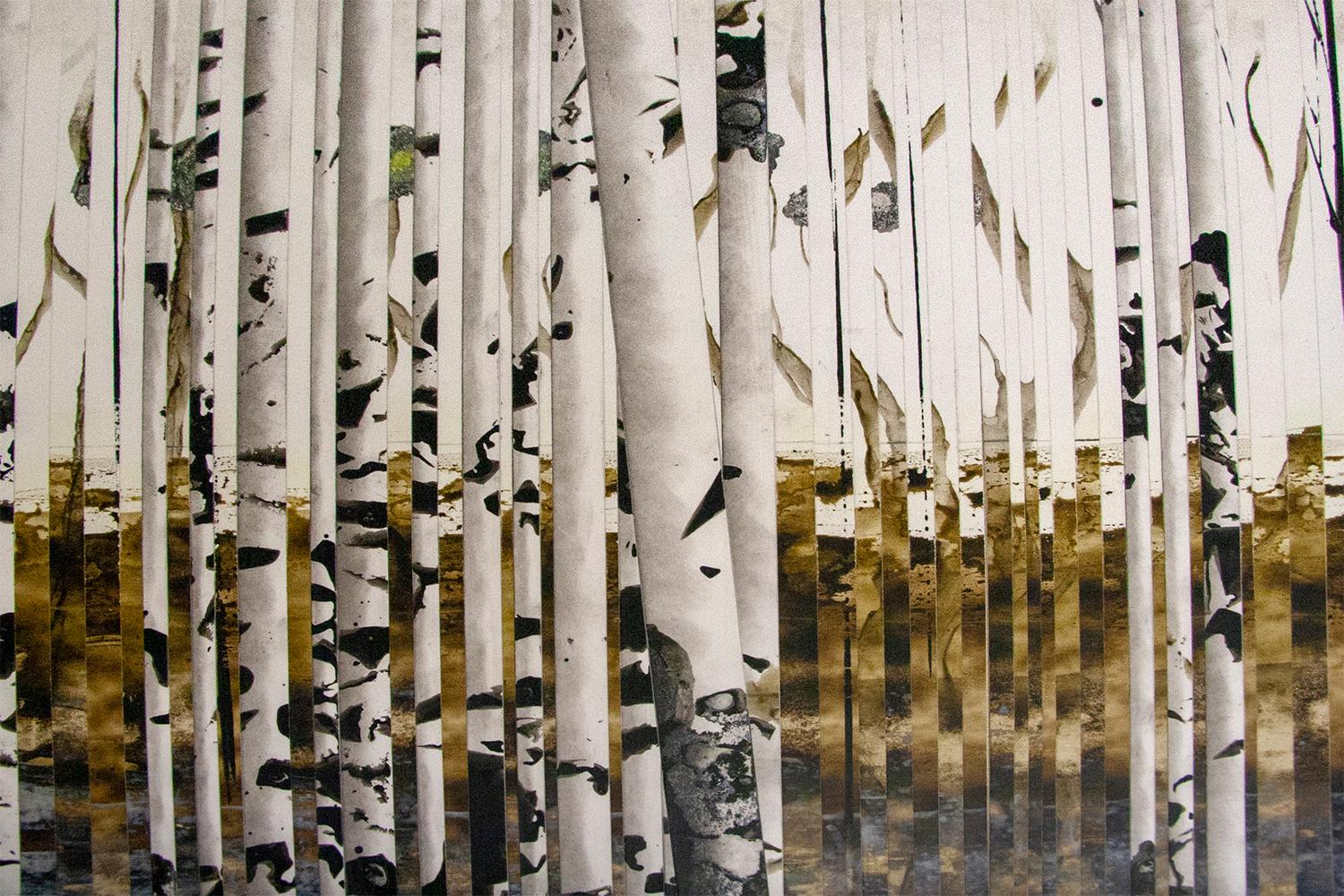 Anastasia Kimmett works with a multitude of media including but not limited to ink, pastel, gold and silver leaf. Many landscapes are created on heavy paper, then cut up, reassembled into one piece and finely detailed. The papers are fastened to a