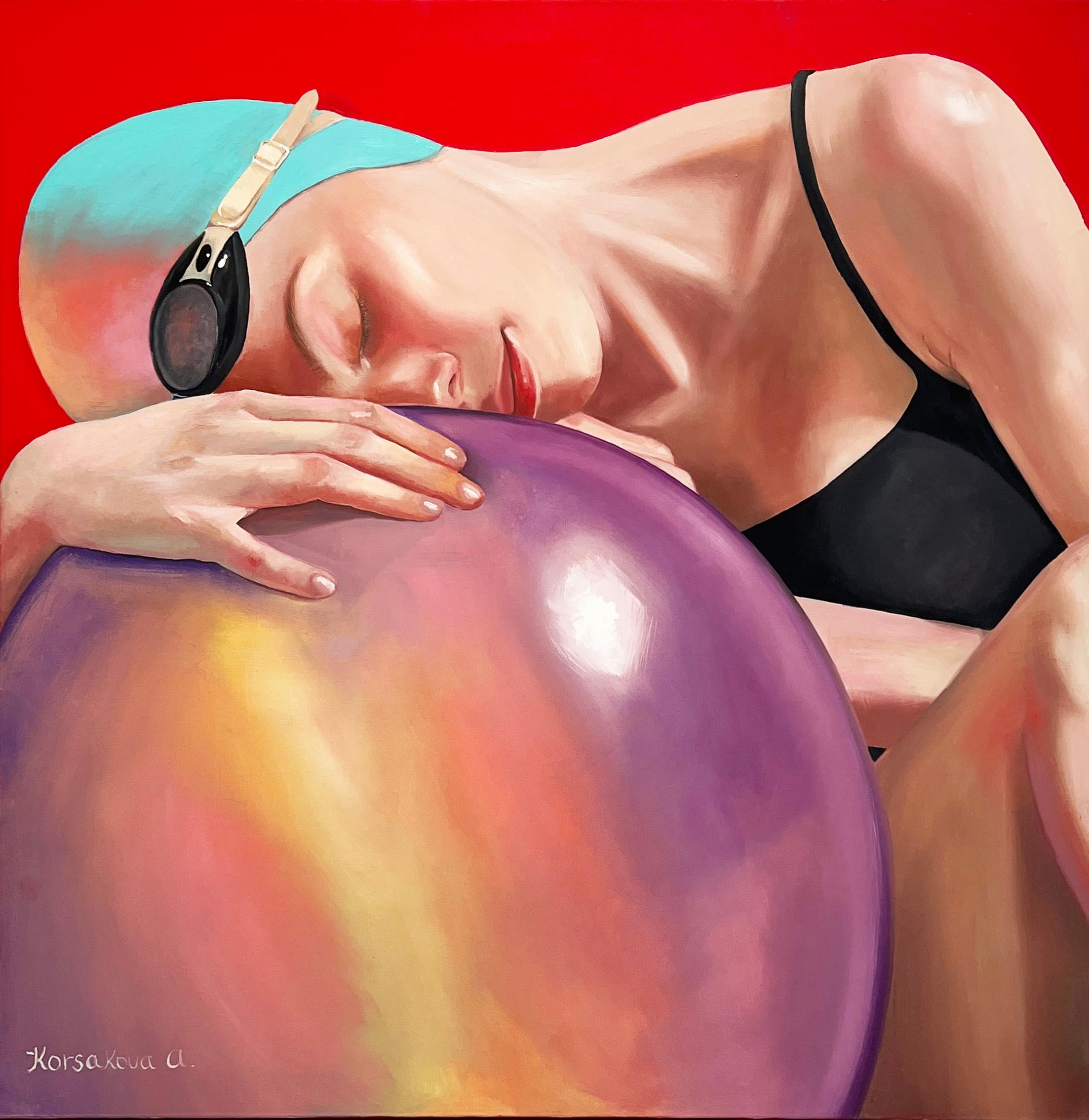 "Tenderness" - Colorful Female Figurative Swimmer Portrait Painting - Art by Anastasia Korsakova