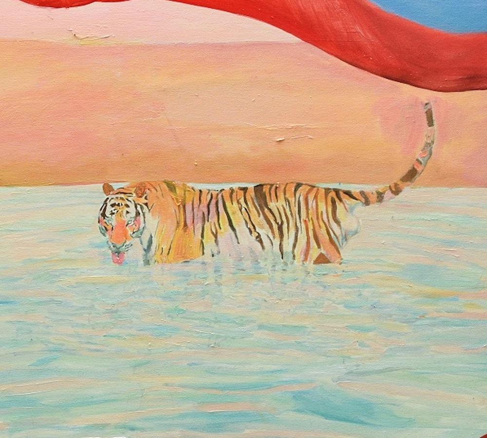 Mouth is an original oil painting on canvas, realized in the 2000s  by the emerging artist Anastasia Kurakina.

Very good conditions.

This beautiful artwork represents a surreal composition with a tiger walking in the water surrounded by