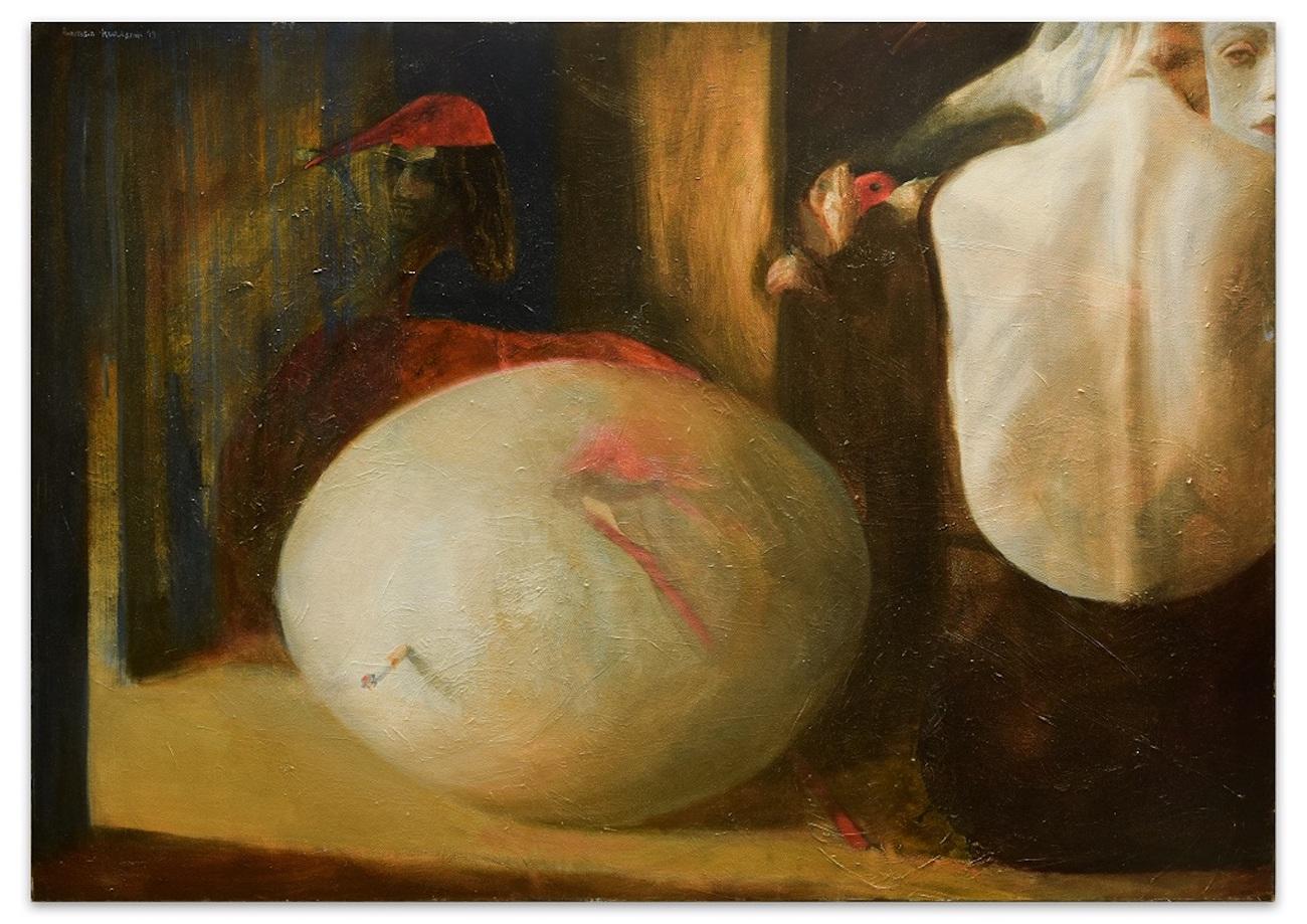 The Egg is an original oil painting on canvas, realized in the 2000s by the emerging artist Anastasia Kurakina.

Hand-signed on the higher left margin.

Signed on the back. Realized in Rome (as reported on the back).

Very good conditions.

This