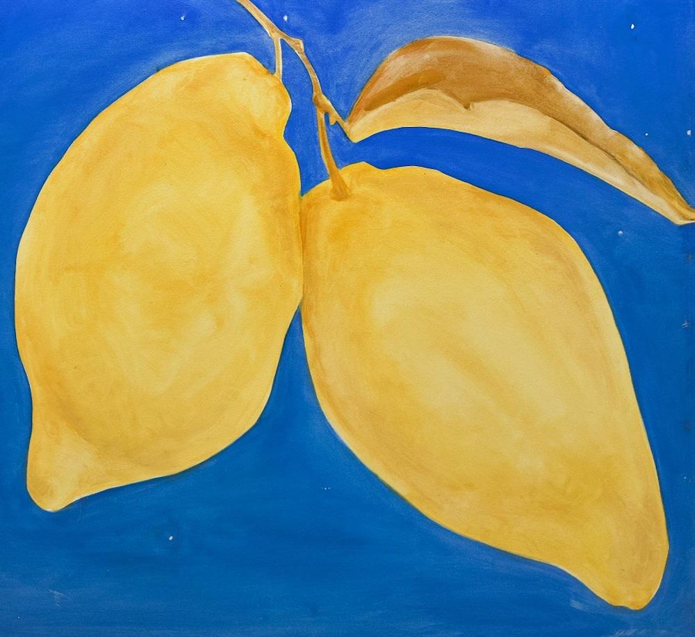 Yellow Lemons is an original oil painting on canvas, realized in the 2000s by the emerging artist Anastasia Kurakina.

Very good conditions.

This beautiful artwork represents a still life with a couple of yellow lemons on a blue