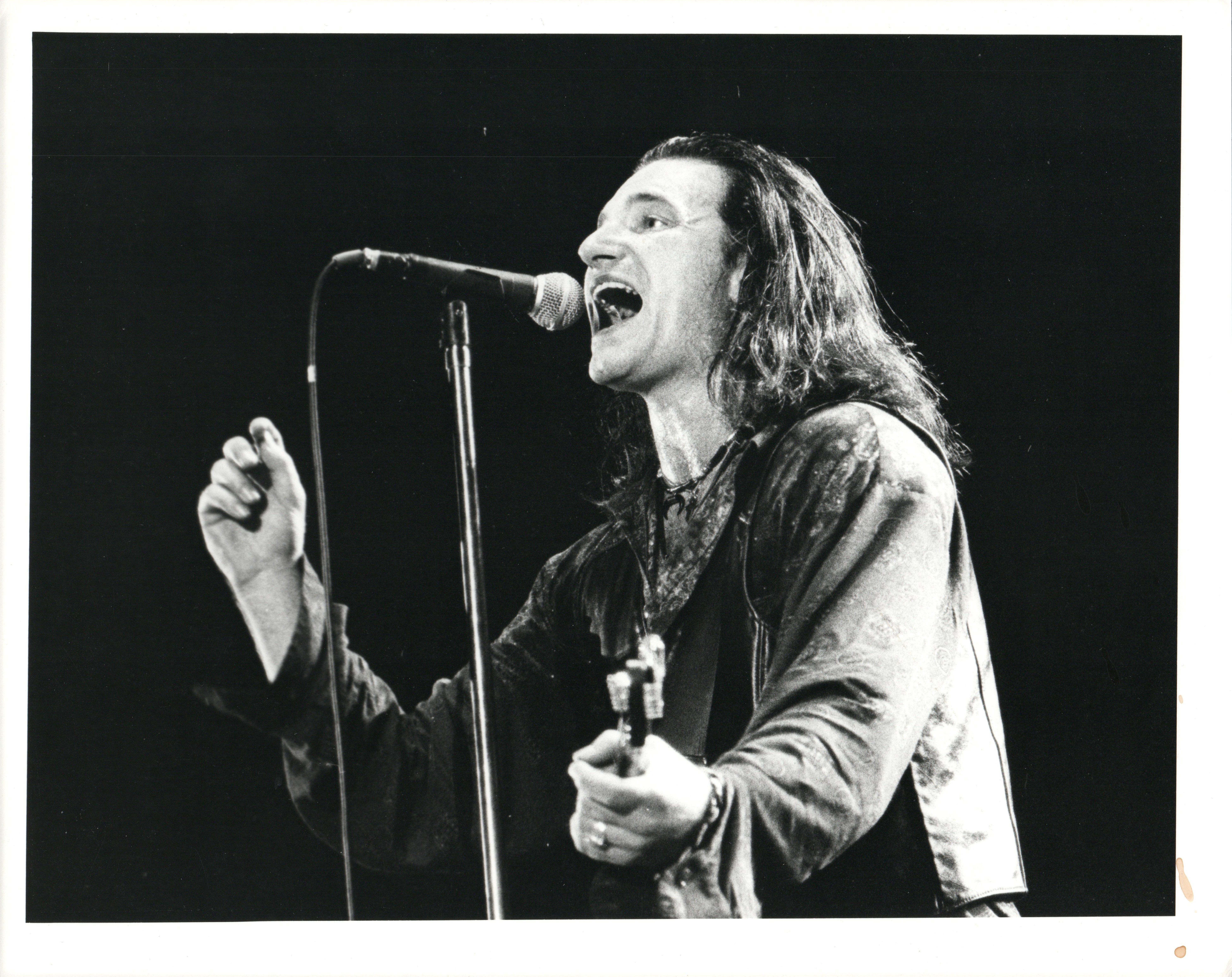 Anastasia Pantsios Black and White Photograph - Bono Singing Passionately on Stage Vintage Original Photograph