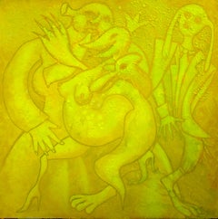jaune et jaune microsoft, lapin, grenouille, fête, créatures, peinture mystérieuse