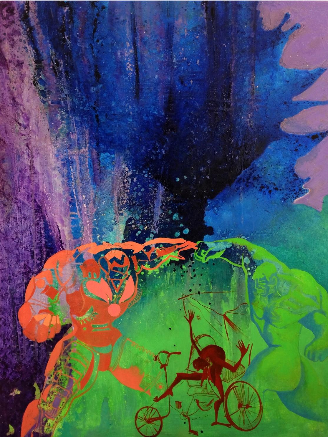 Anastasia Russa Figurative Painting - One day from Rickshaws Life rickshaw, ultramarine, green, violet, orange, giants