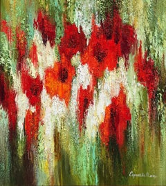 Fleurs rouges - Peinture de nature morte couleur marron, gris, jaune, noir, vert, rouge et bleu