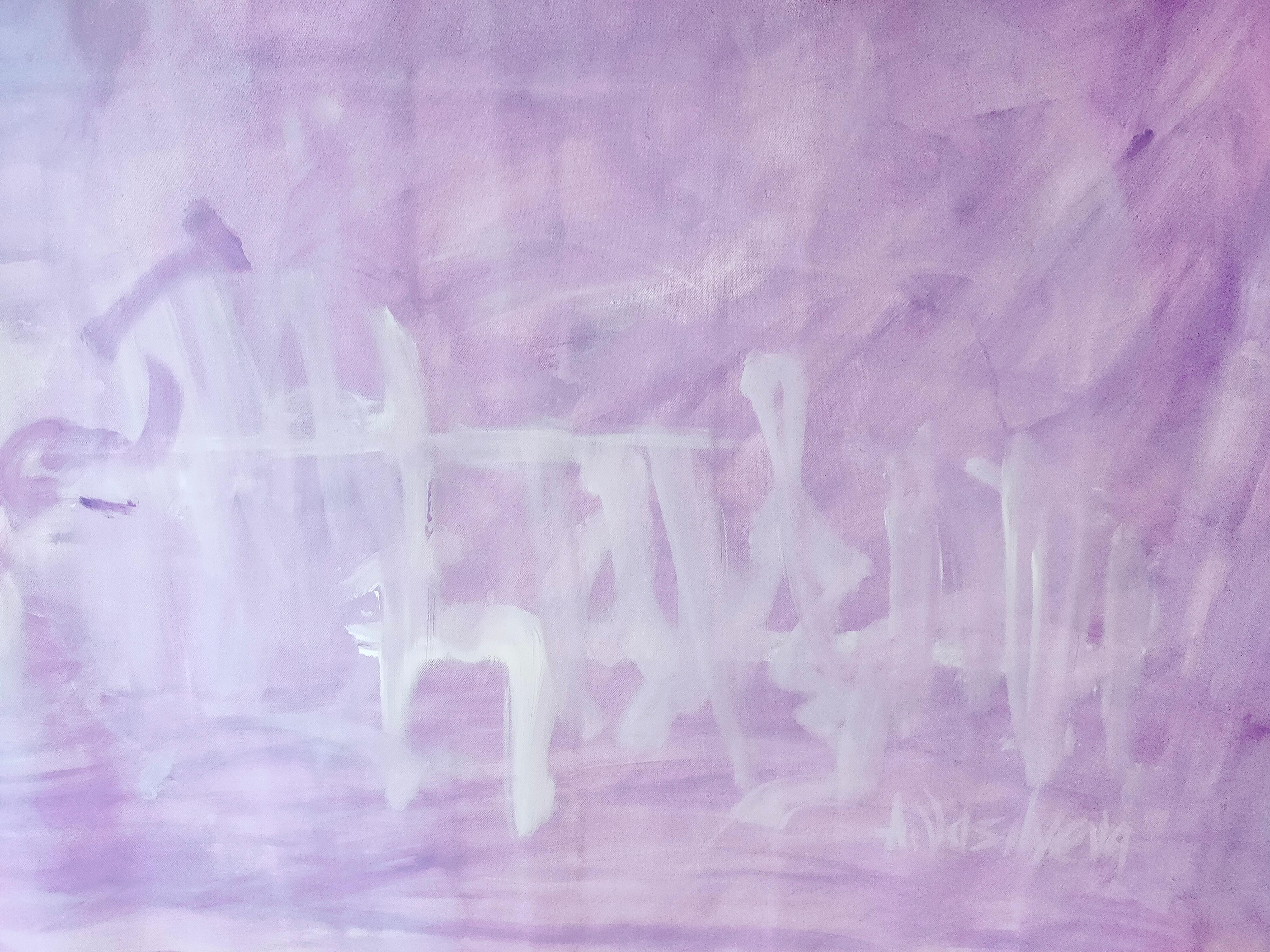 Cette œuvre d'art extra-large est réalisée à l'acrylique sur toile. Vernis anti-UV. Inspiré par la couleur Very Peri et des éléments abstraits avec des lettres fantaisistes. 
L'œuvre d'art et la composition ont un aspect et une impression très
