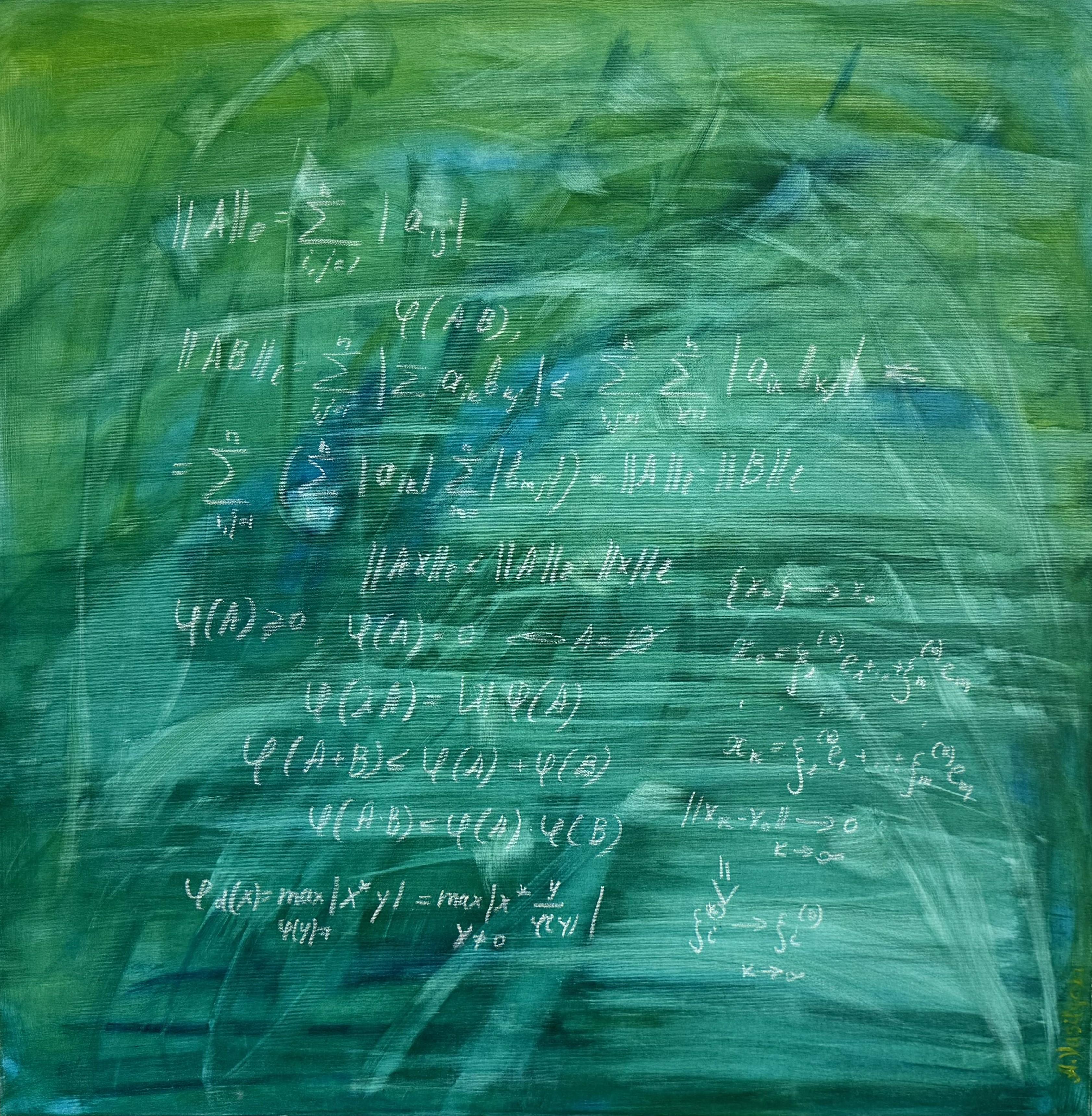 This artwork is painted as a classical school board with math equations. It is a part of the Science Art Collection by Anastasia Vasilyeva.
The painting's size is 100x100x1,8cm. 

"My art is a manifesto of gratitude to science for all the