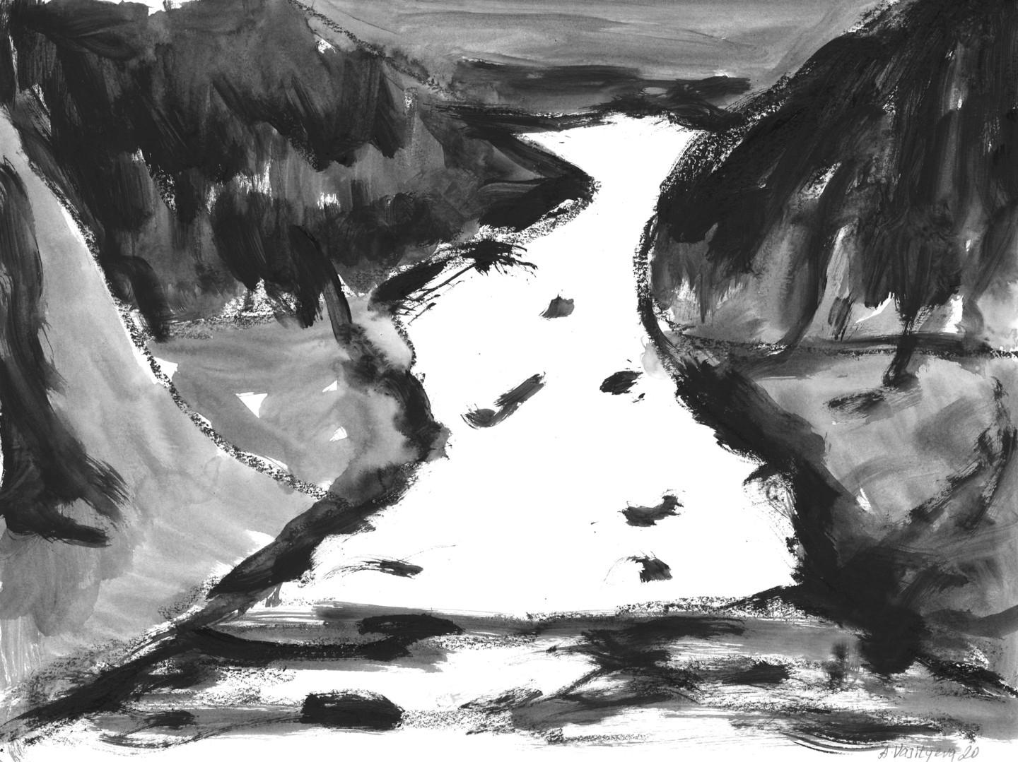 Anastasia Vasilyeva - Mountains 002 (2020)

Abstract landscape, painting in black, grey, white colors. Artwork represents Alps in winter, covered with snow and mist above it. Painting was made with mixed media, acrylic and watercolor on paper in