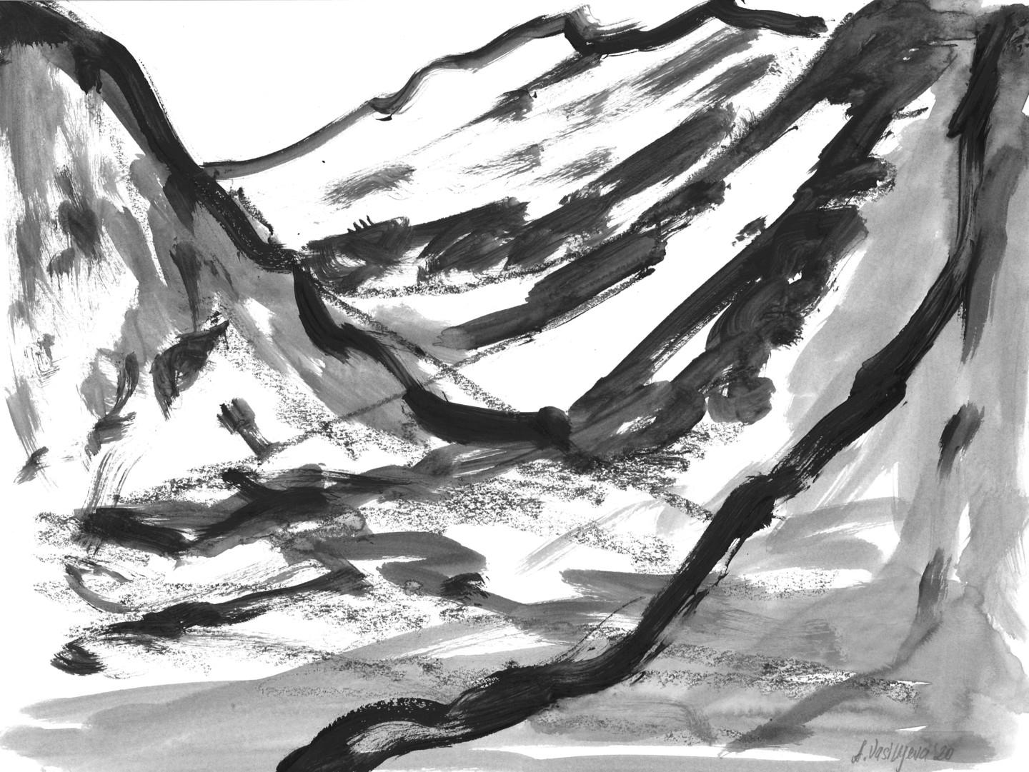 Anastasia Vasilyeva - Mountains 003 (2020)

Abstract landscape, painting in black, grey, white colors. Artwork represents Alps in winter, covered with snow and mist above it. Painting was made with mixed media, acrylic and watercolor on paper in