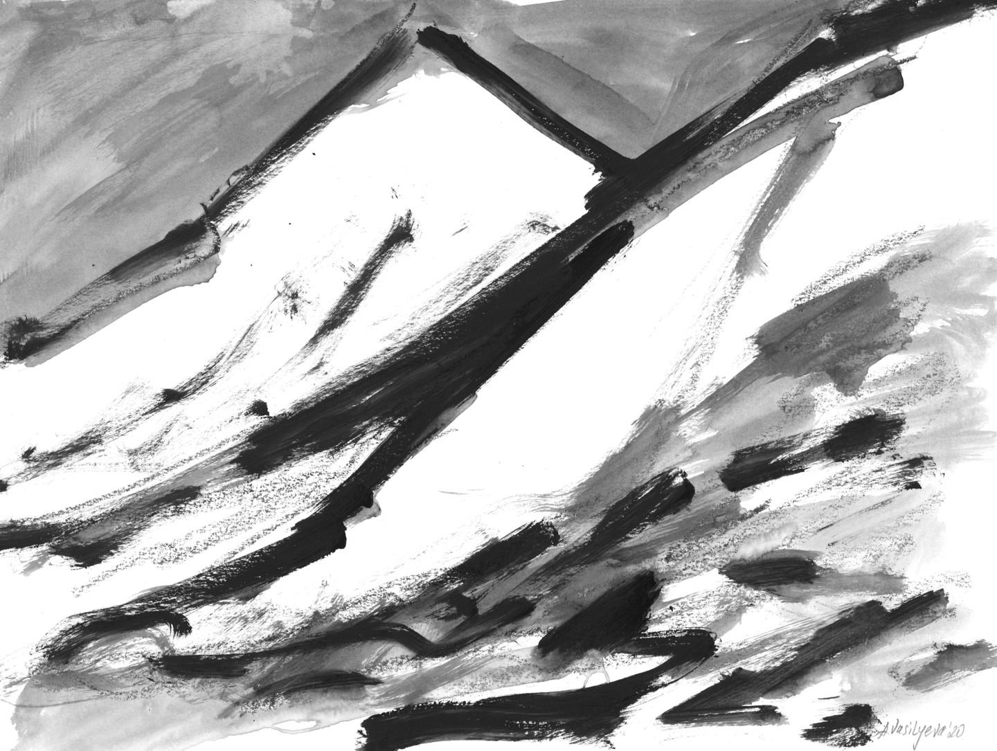 Anastasia Vasilyeva - Mountains 004 (2020)

Abstract landscape, painting in black, grey, white colors. Artwork represents Alps in winter, covered with snow and mist above it. Painting was made with mixed media, acrylic and watercolor on paper in