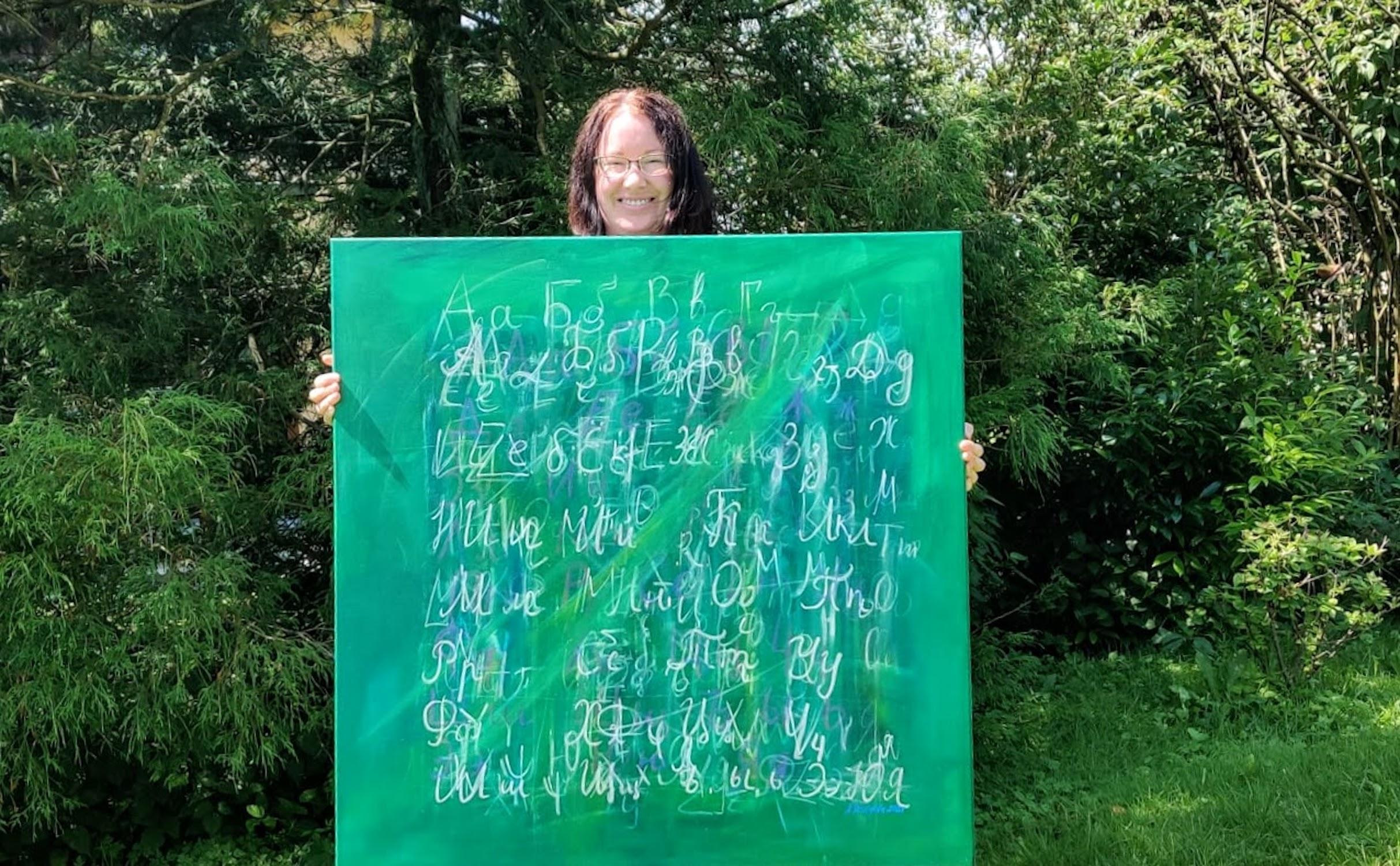 Abstract painting made in a style of an old green schoolboard with alphabets.
I use different languages to decorate the artwork: Cyrillic letters, Greek and German letters.
All layers of the painting are covered with UV protective spray.
The