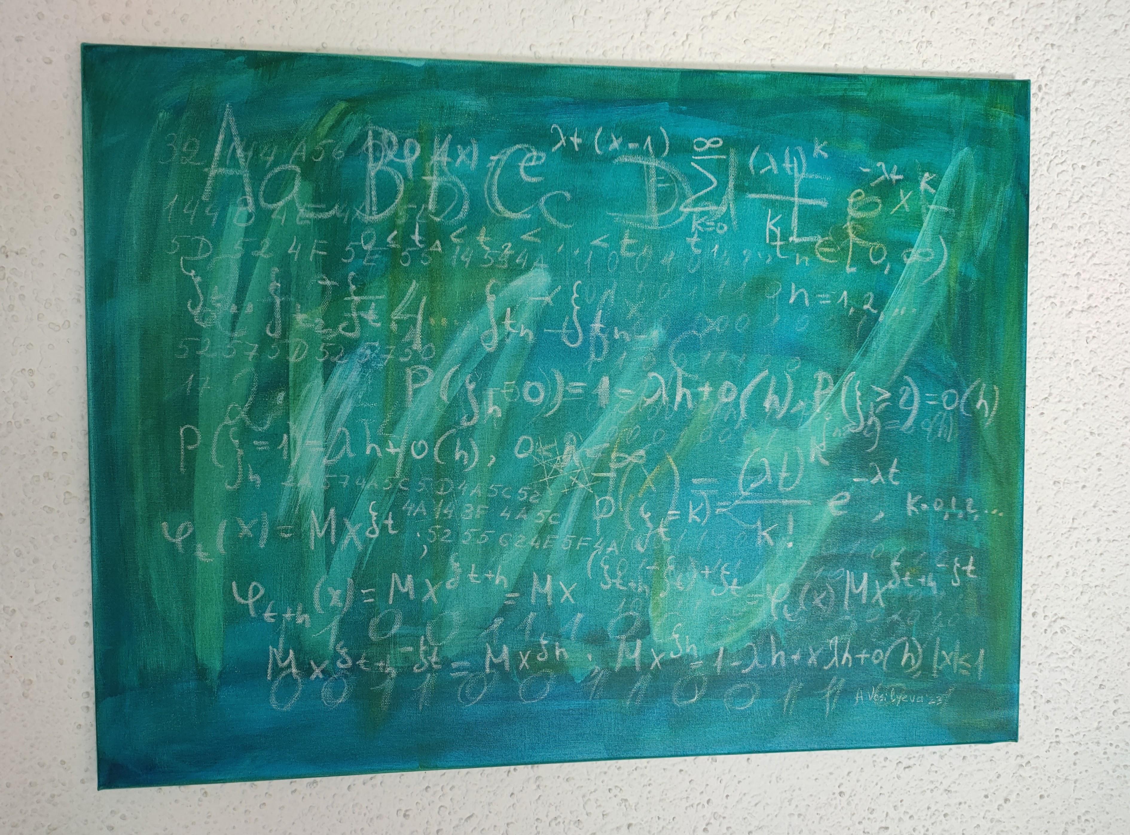 This artwork is painted in the form of a classical school board with math equations. It is a part of the Science Art Collection by Anastasia Vasilyeva.
The painting's size is 60x80x1,8cm. 

