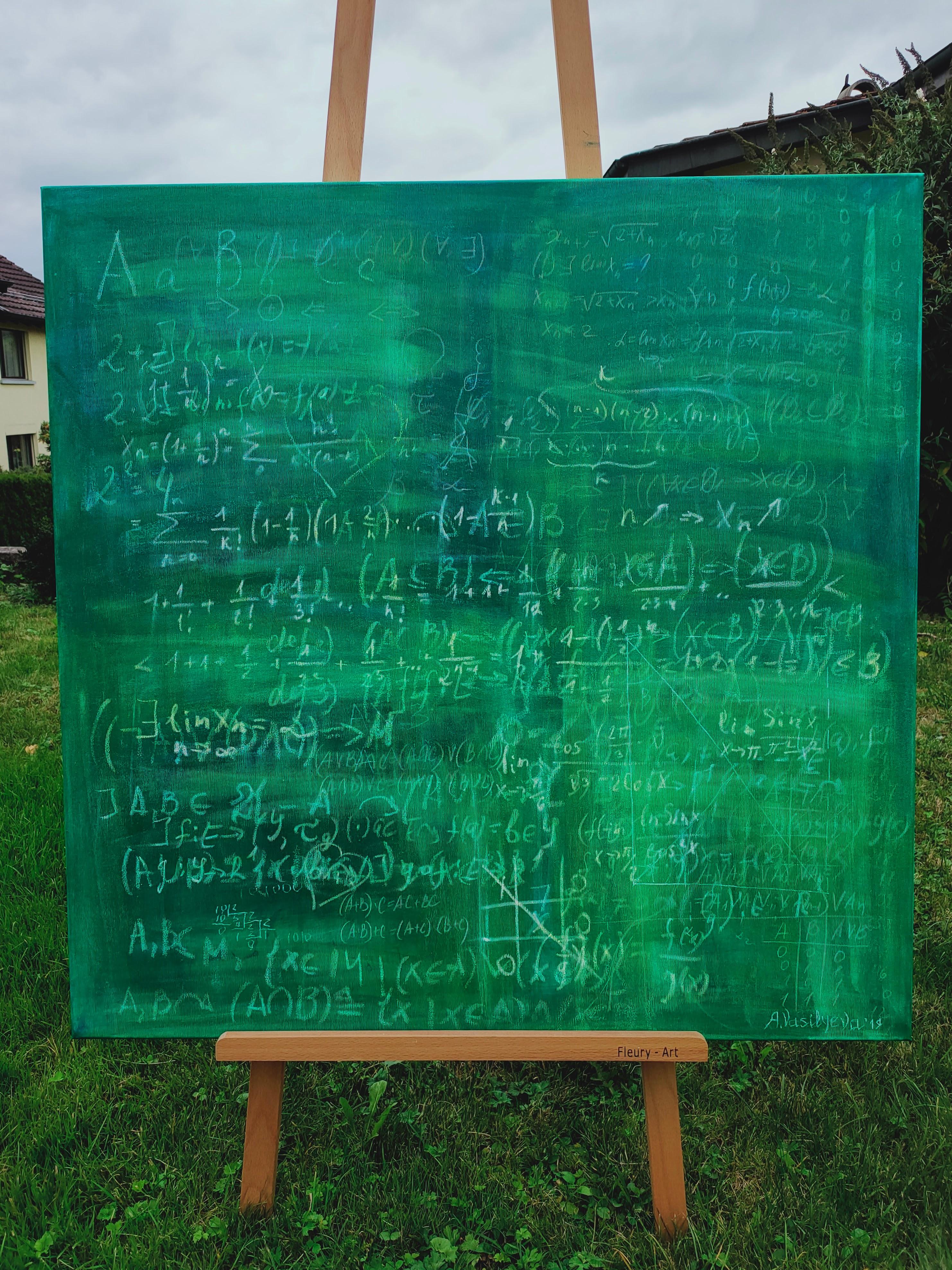 This artwork is painted in the form of a classical school board with math equations. It is a part of the Science Art Collection by Anastasia Vasilyeva.
The paintings size is 100x100x1,8cm. 

