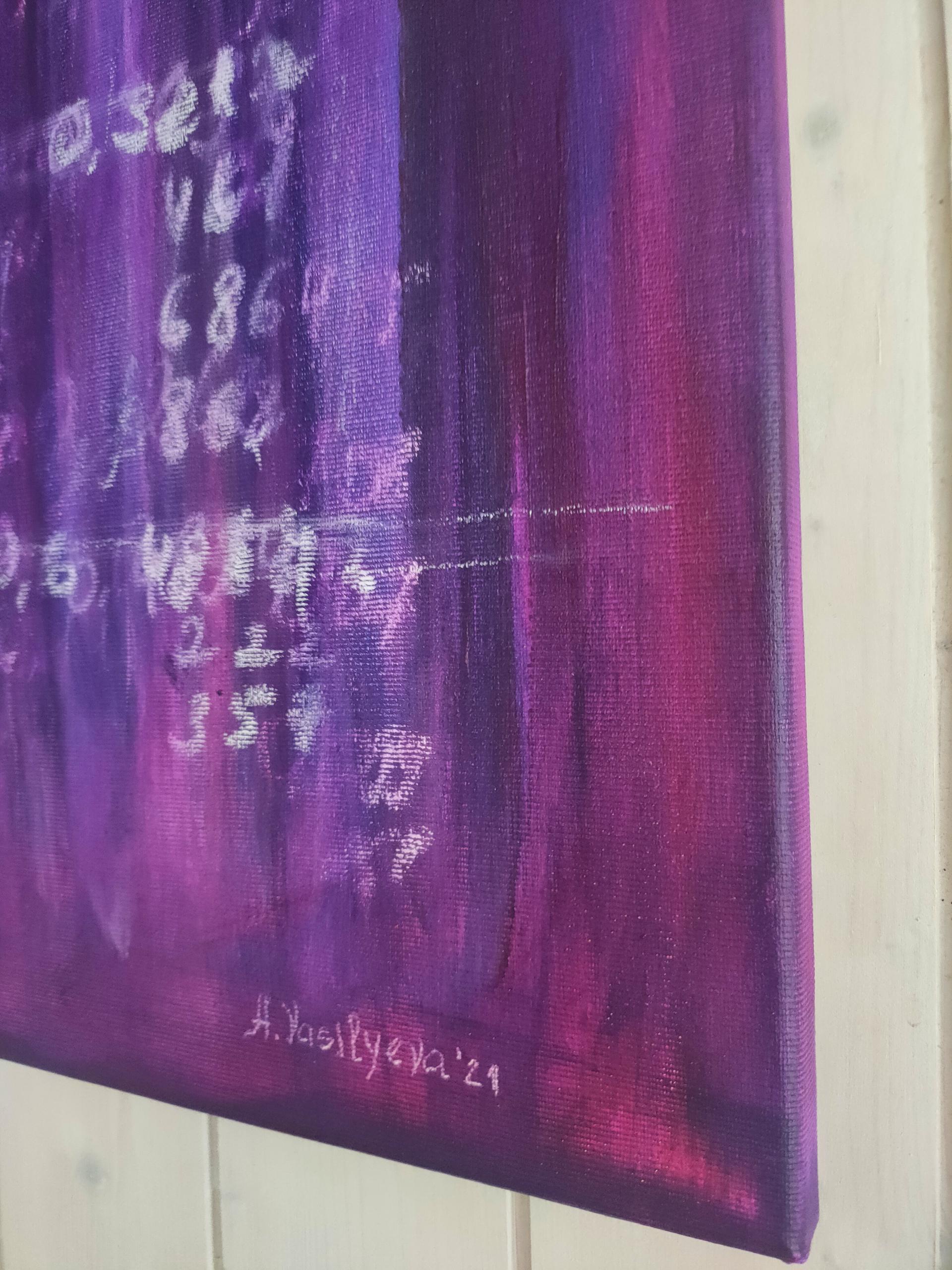 This painting was presented in Zurich during the SWISS Art Expo 2021.
New Science Artwork with numbers in violet, purple, and lilac colors.
60x60x1.8cm; The painting is ready to hang and will be shipped from the artist's studio in