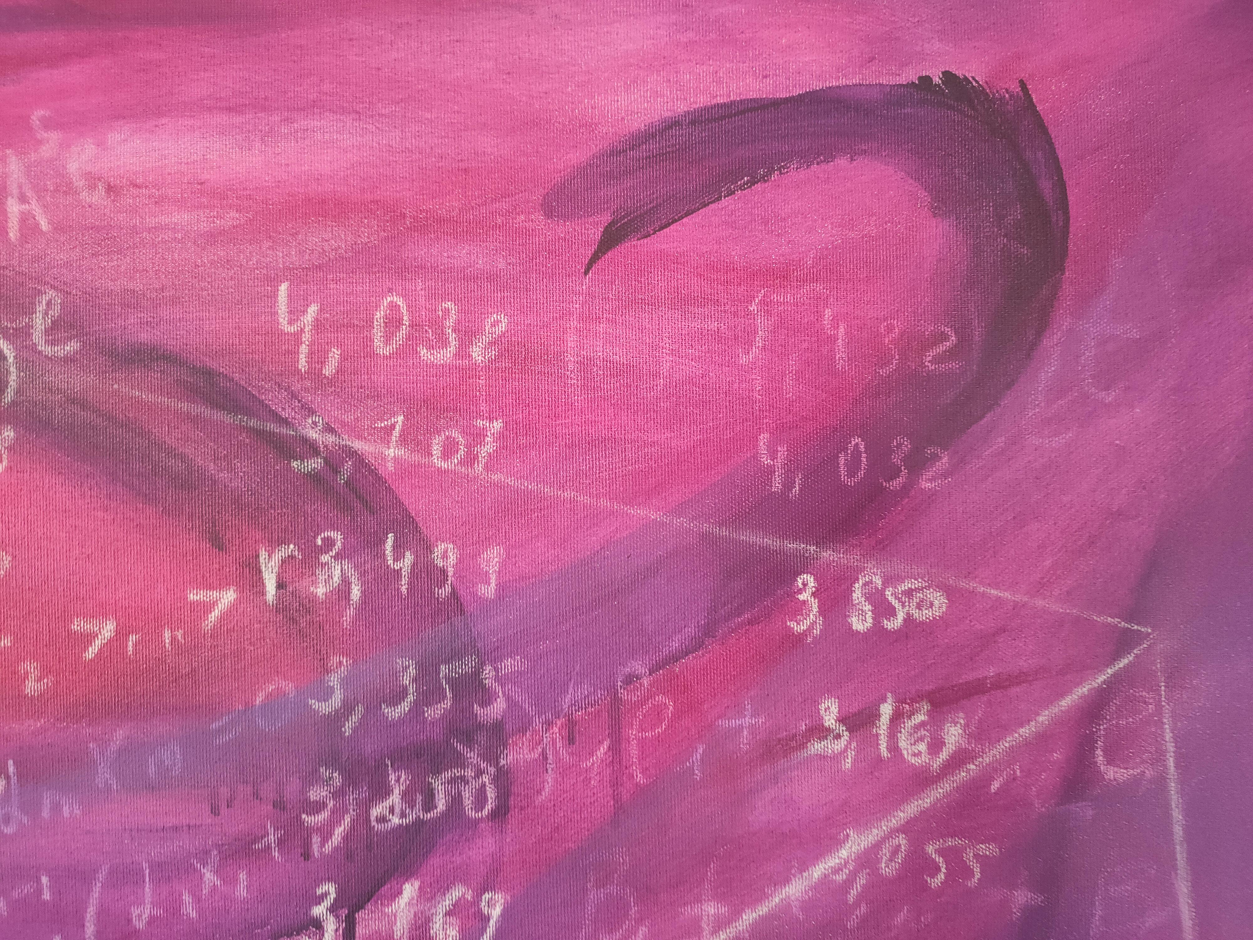 A new painting from the Scientific Art series by artist Anastasia Vasilyeva. It's an abstract work in purple and mauve tones of deep color. Mathematical formulas and drawn lines complete the composition and give it dynamism. 
The painting is made on