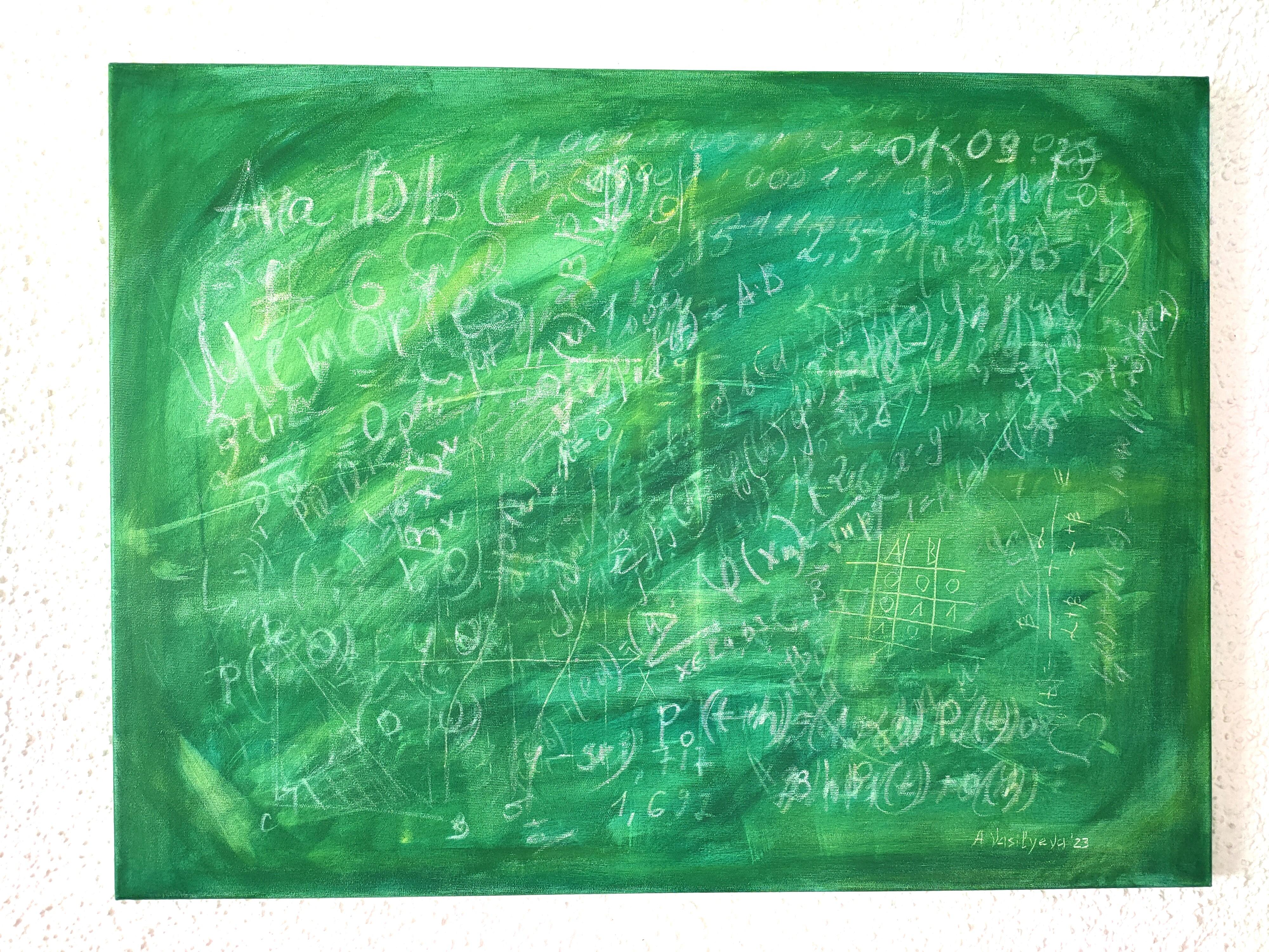 Summer Sale Green Old Schoolboard with math Science Art Collection Abstract - Painting by Anastasia Vasilyeva