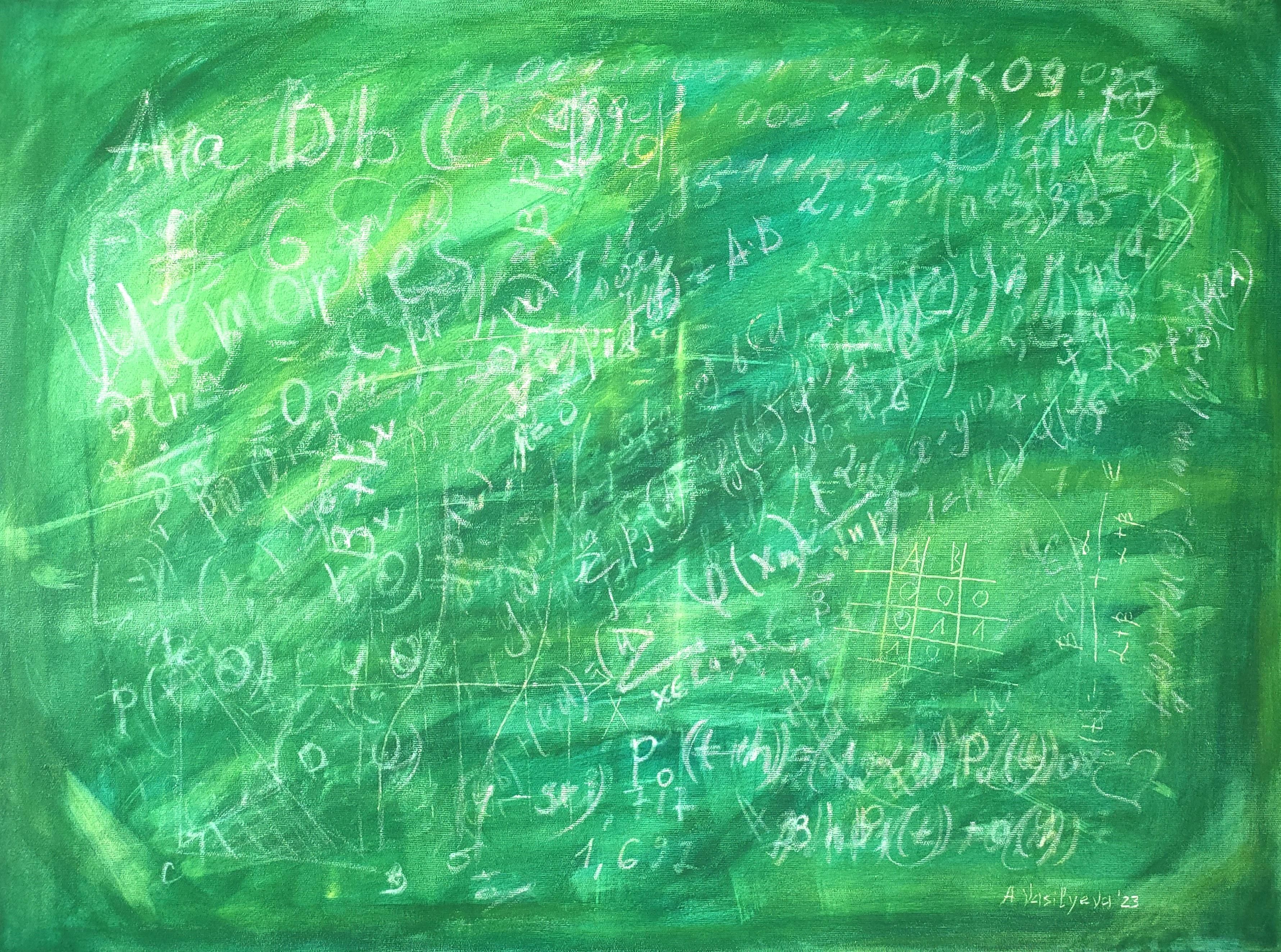 Anastasia Vasilyeva Abstract Painting - Summer Sale Green Old Schoolboard with math Science Art Collection Abstract