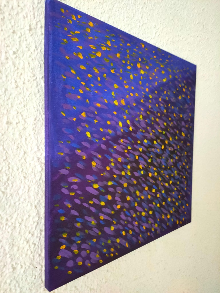 The beauty of the chaos of tiny particles. This colorful abstract acrylic painting is ready to hang and has a certificate of authenticity. The borders of the canvas are painted and it can be hung with or without a frame as preferred. Deep violet,