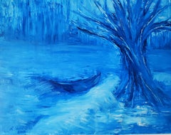 "The tree of Life" Boat Tree Blue Monochrome Oil painting by Anastasia Vasilyeva
