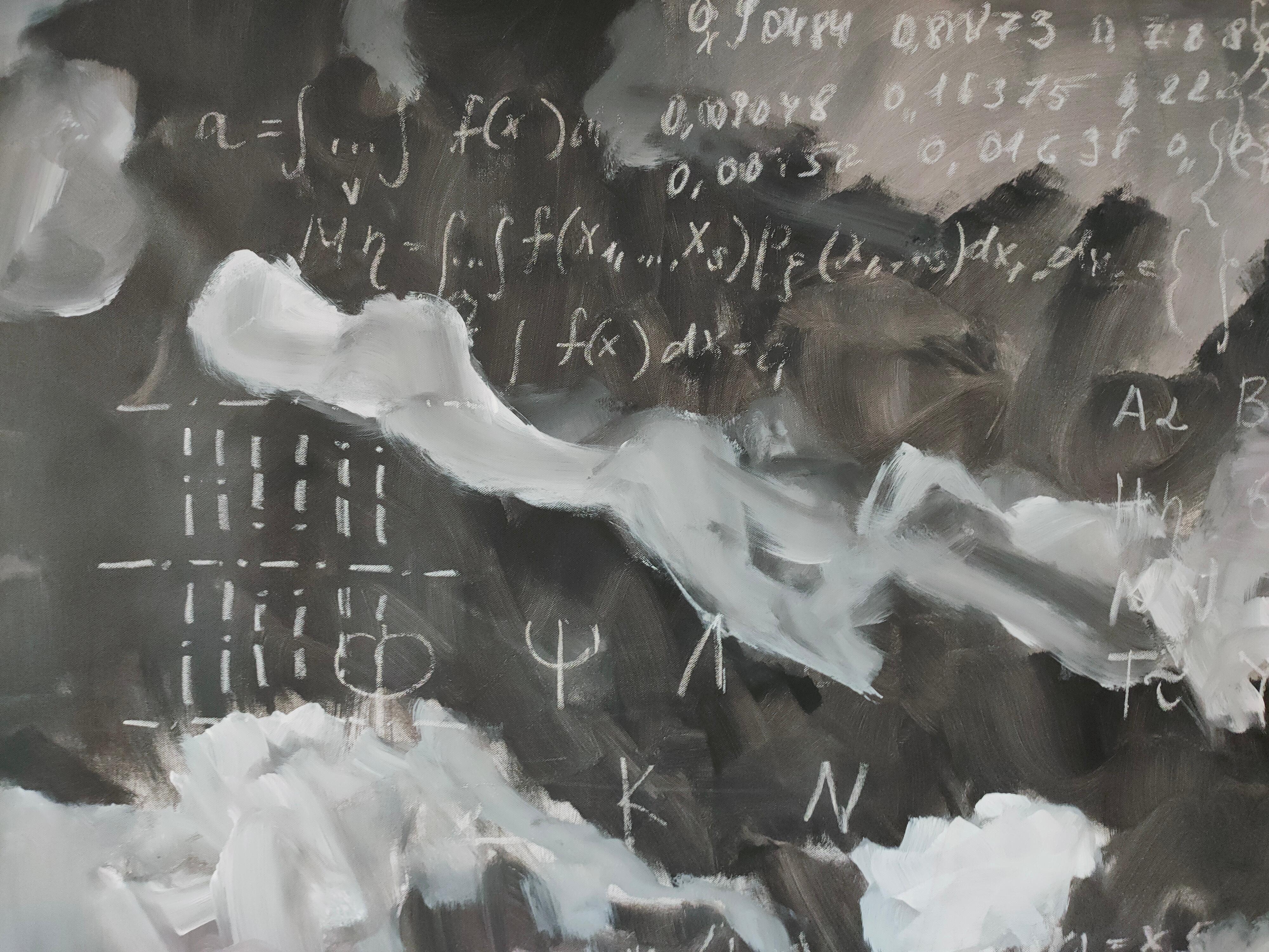 Abstraktes Gemälde in Schwarz-Weiß von Anastasia Vasilyeva aus der Science Art Collection.
Mathematische Formeln, das griechische Alphabet und Symbole auf abstraktem monochromen Hintergrund, gemalt im Expressionsstil.

Dieses große Kunstwerk ist in