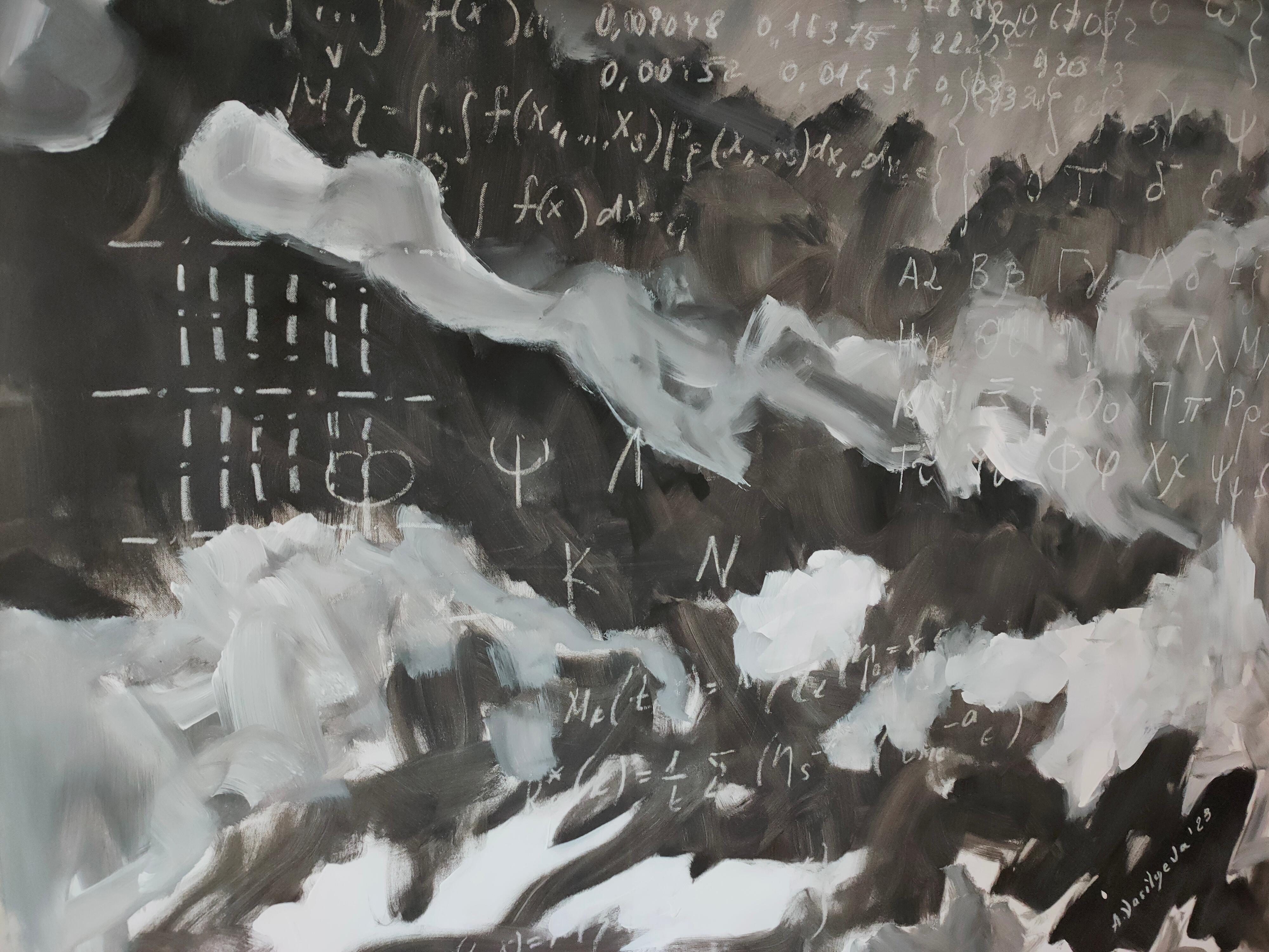 Quadro astratto in bianco e nero di Anastasia Vasilyeva dalla Science Art Collection.
Formule matematiche, alfabeto greco e simboli su uno sfondo astratto monocromatico, dipinto in stile espressivo.

Questa grande opera d'arte è realizzata con