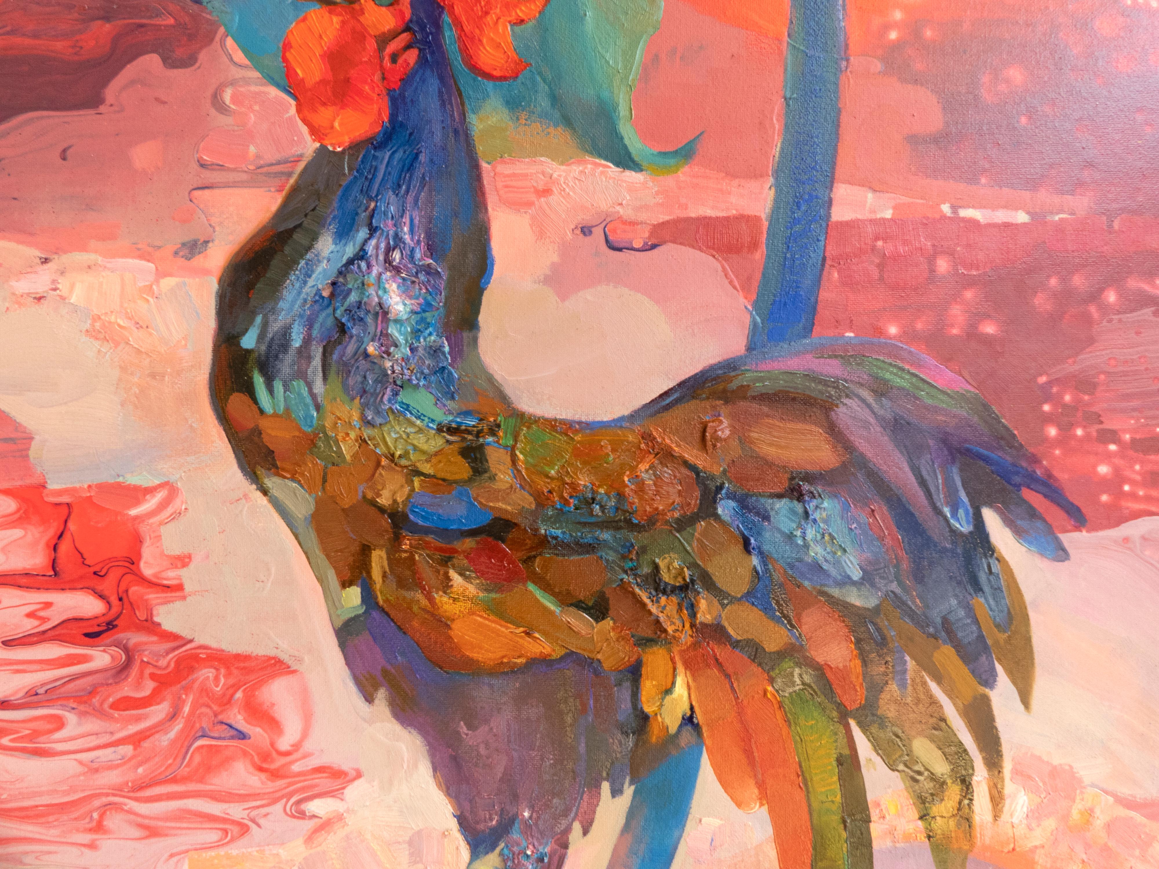 Sur un tournesol vibrant, un coq salue le lever du soleil de son puissant Calle, éveillant la vie à l'aube. Cette peinture est un symbole d'espoir et de positivité, exprimant la conviction que la paix viendra et qu'un nouveau jour commencera avec la