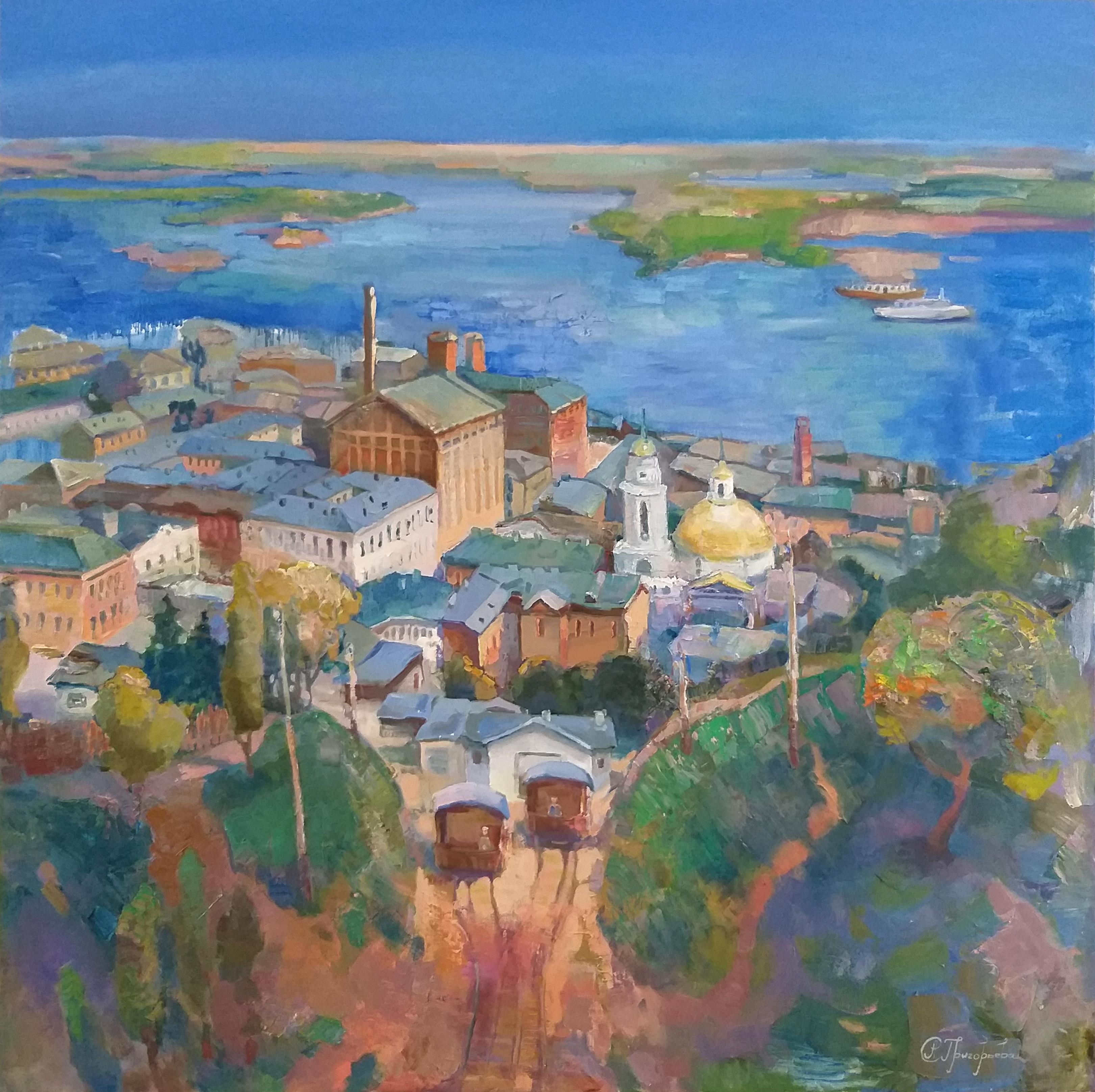 Figurative Painting di Anastasiia Grygorieva - "Funicolare retrò a Kiev. Ucraina"