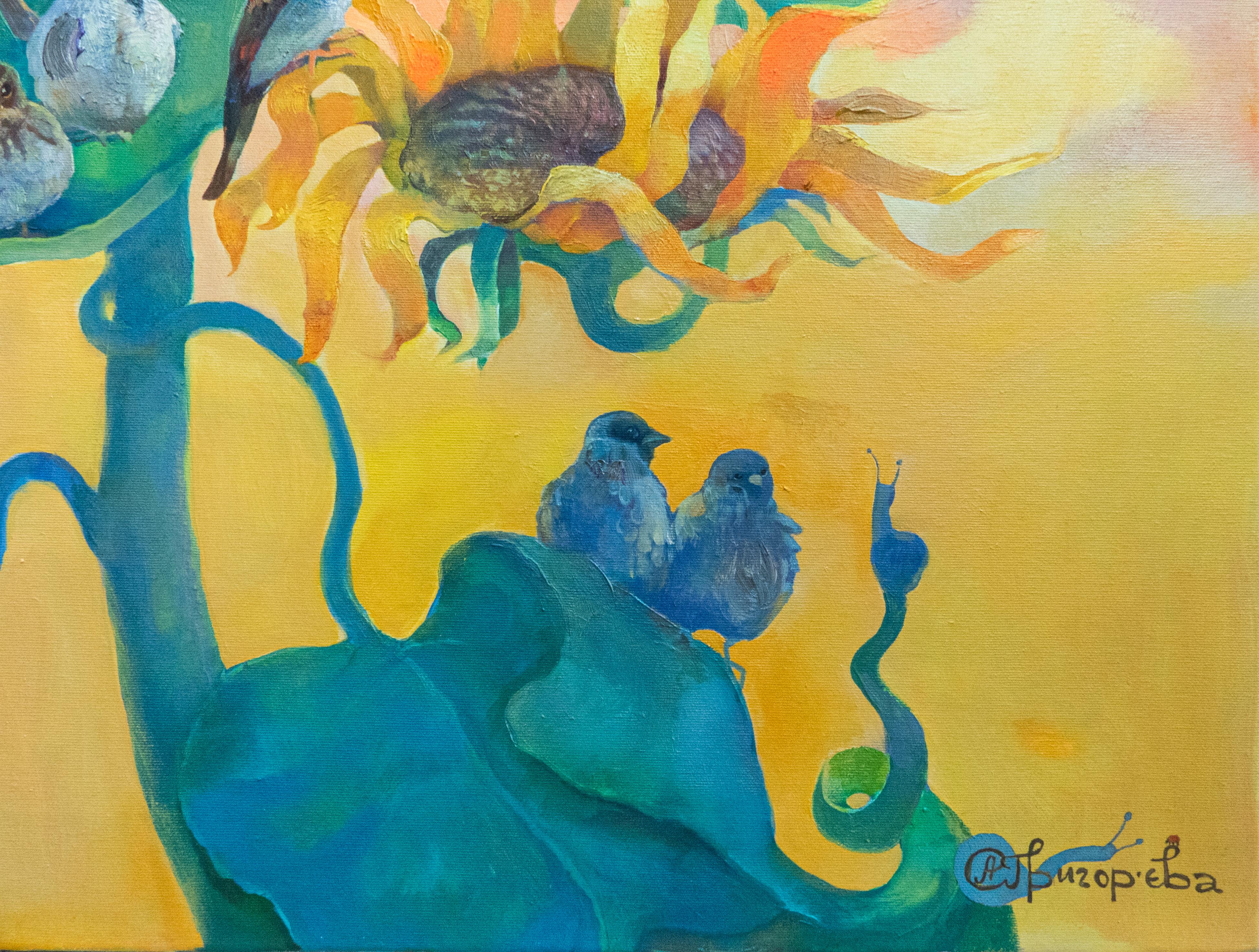 „Sparrows Have Arrived“ (Beige), Animal Painting, von Anastasiia Grygorieva