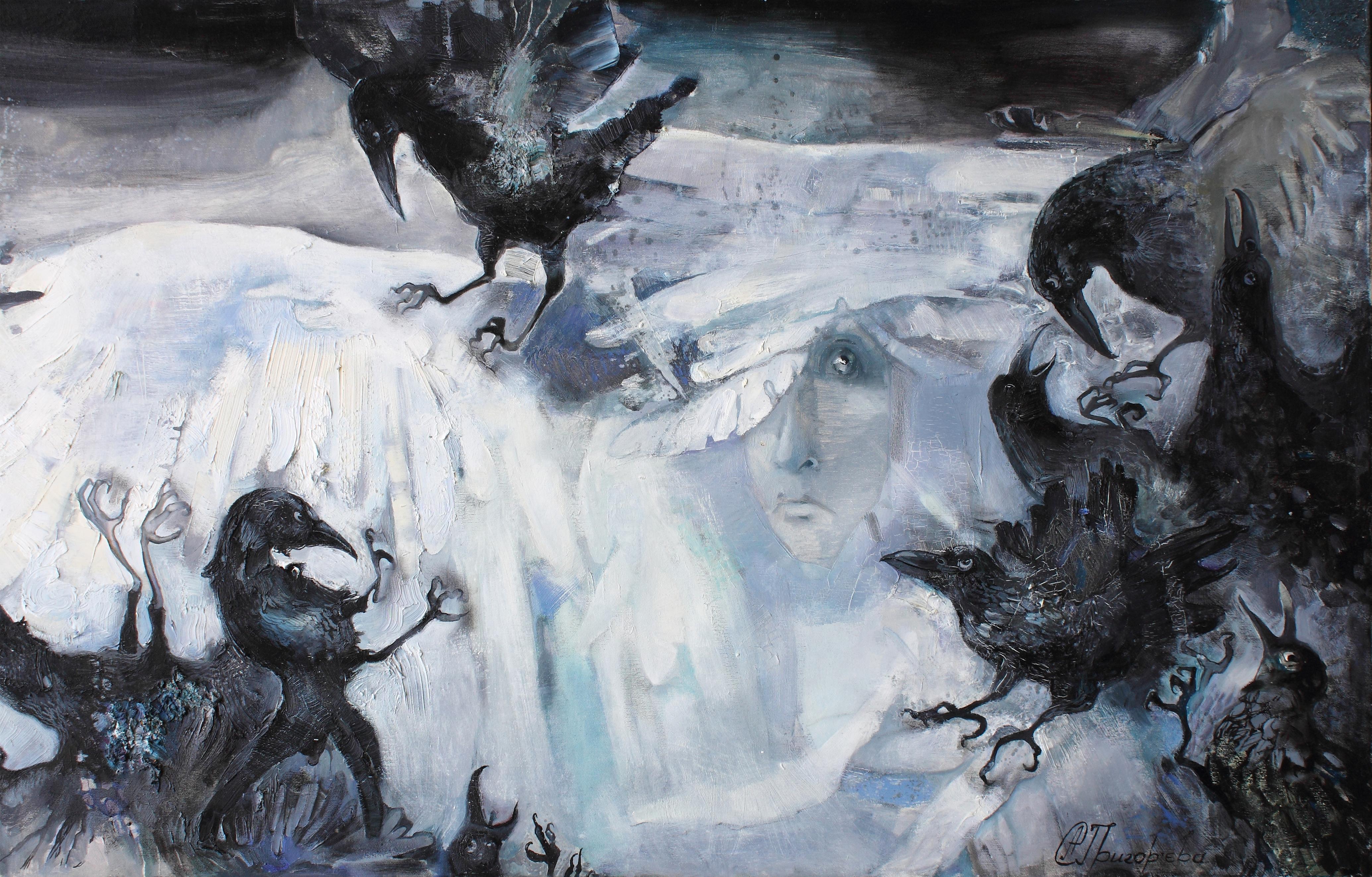 This thought-provoking painting captures the intense moment of an angel under attack by a group of 12 crows. Symbolizing the daily assaults we all endure—whether from information overload, human jealousy, or life's hardships—the angel represents the