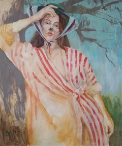 Bonita chica junto al árbol, 146x124 cm. acrílico sobre lienzo
