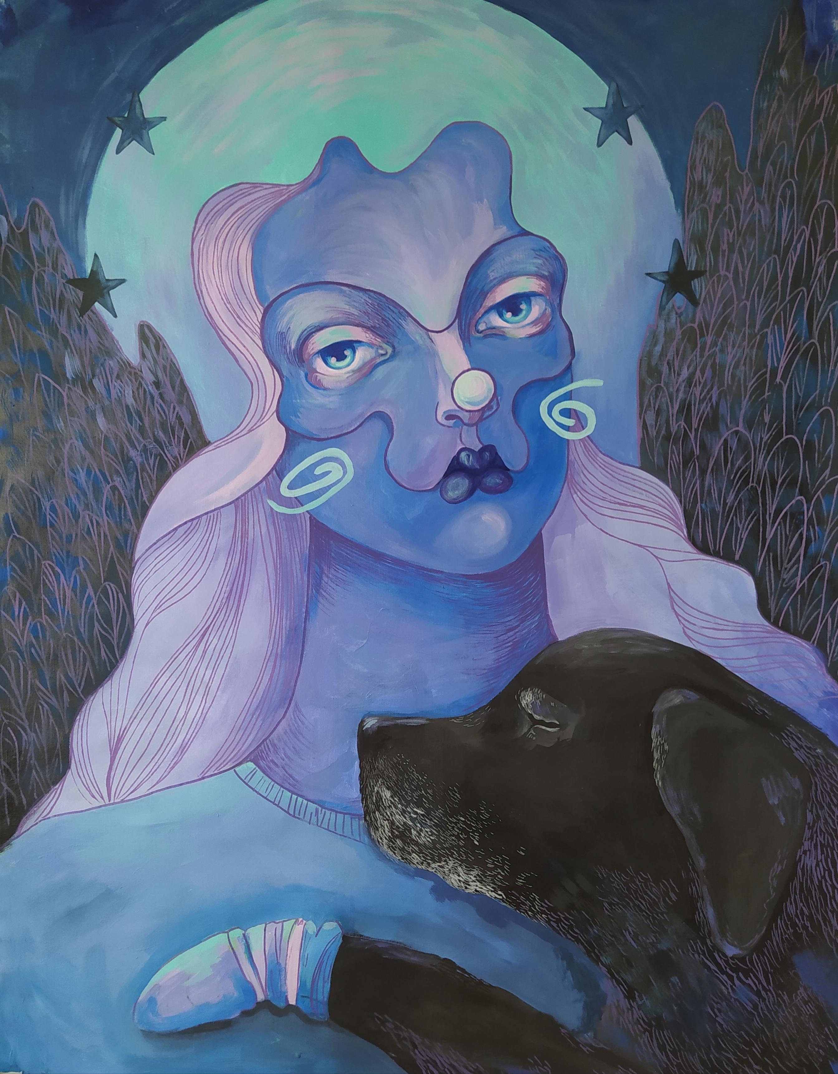 Anastasiya Akulova Figurative Painting – Sad angel, 135x110cm, Leinwand, Acryl